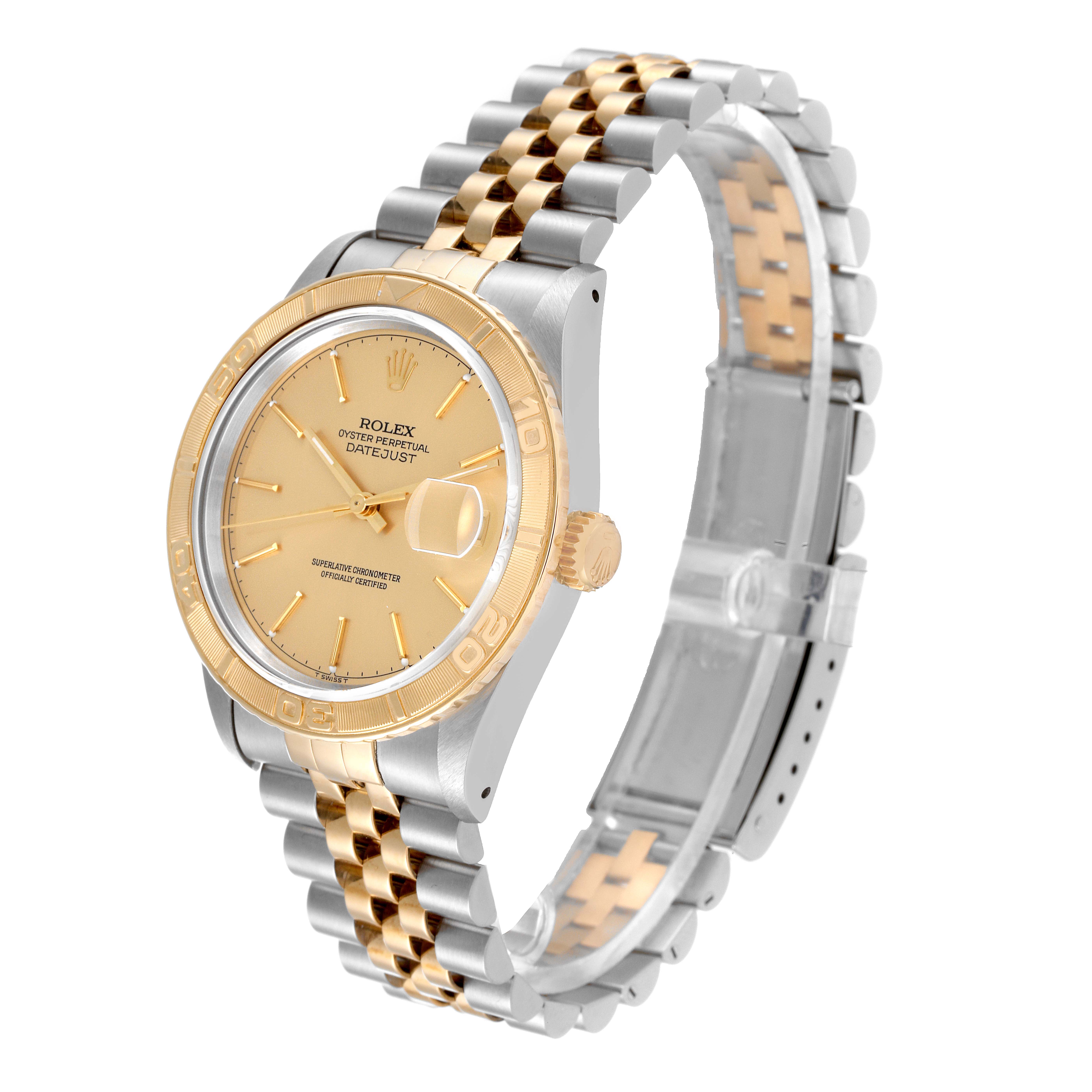 The image shows a Rolex Turn-o-Graph 16263 Men's Steel and Gold (two tone) Champagne Dial 16263 Men's Steel and Gold (two tone) Champagne Dial watch at a three-quarter angle, highlighting its dial, bezel, crown, and two-tone bracelet.