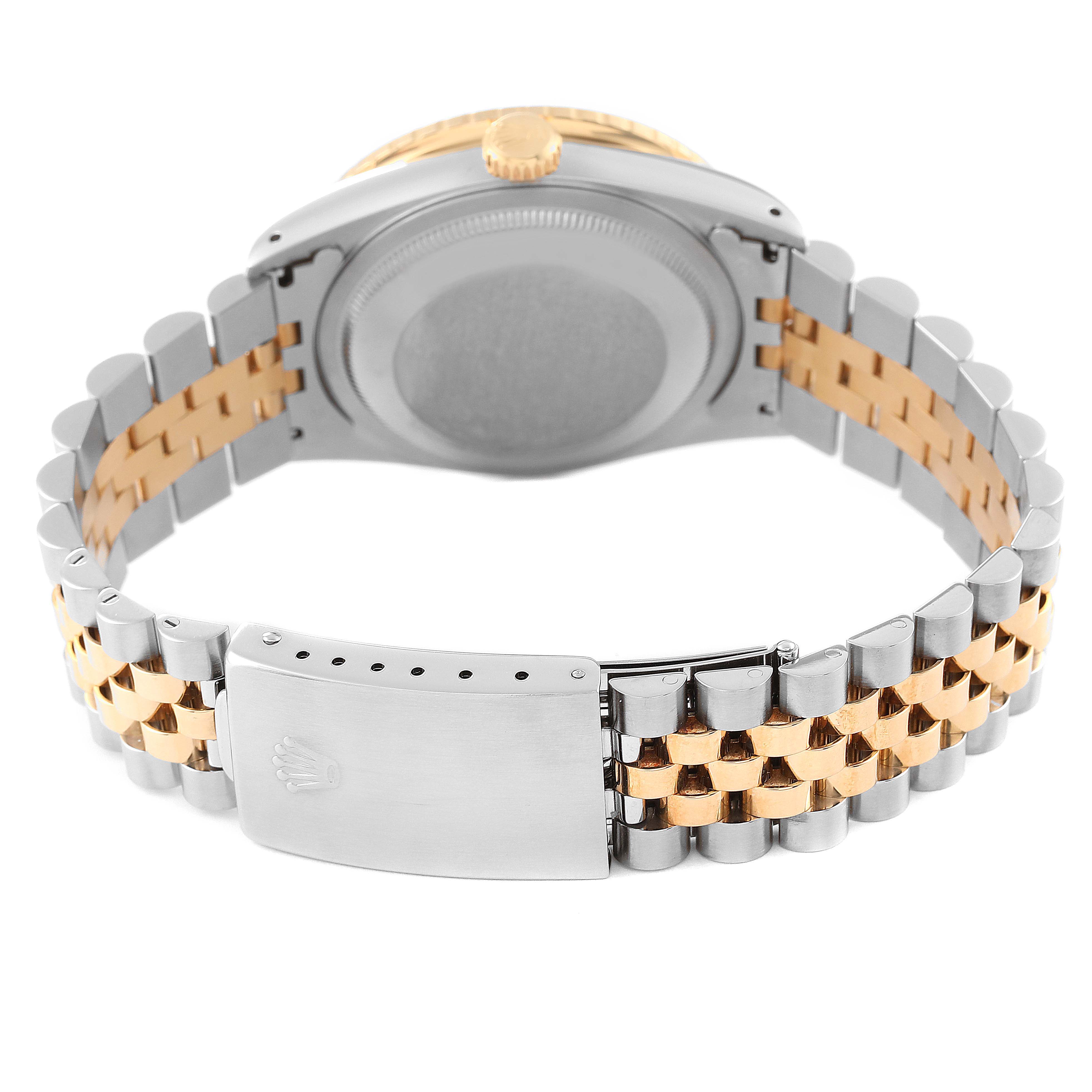 The image shows the Rolex Turn-o-Graph 16263 Men's Steel and Gold (two tone) Champagne Dial 16263 Men's Steel and Gold (two tone) Champagne Dial watch from the back, highlighting the case back and two-tone bracelet with clasp.