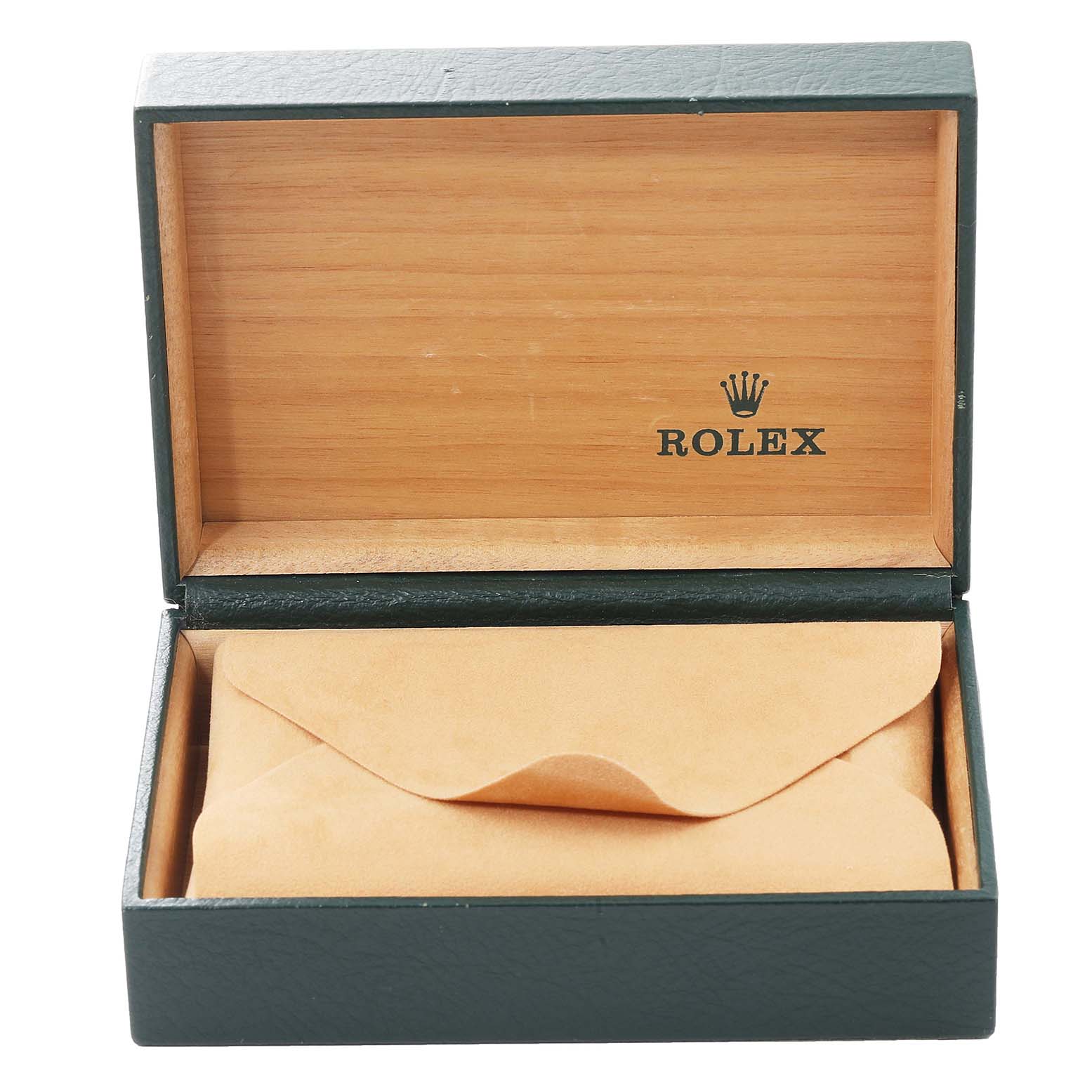 The image shows an open Rolex watch box, possibly for the Turn-o-Graph model, with a tan pouch inside.