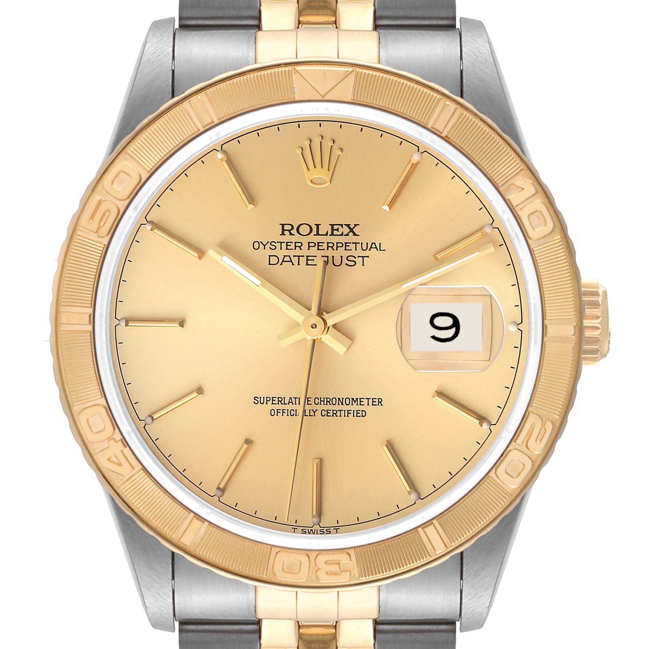 The image shows a front view of the Rolex Turn-o-Graph 16263 Men's Steel and Gold (two tone) Champagne Dial 16263 Men's Steel and Gold (two tone) Champagne Dial Datejust watch, displaying the dial, bezel, and part of the bracelet.