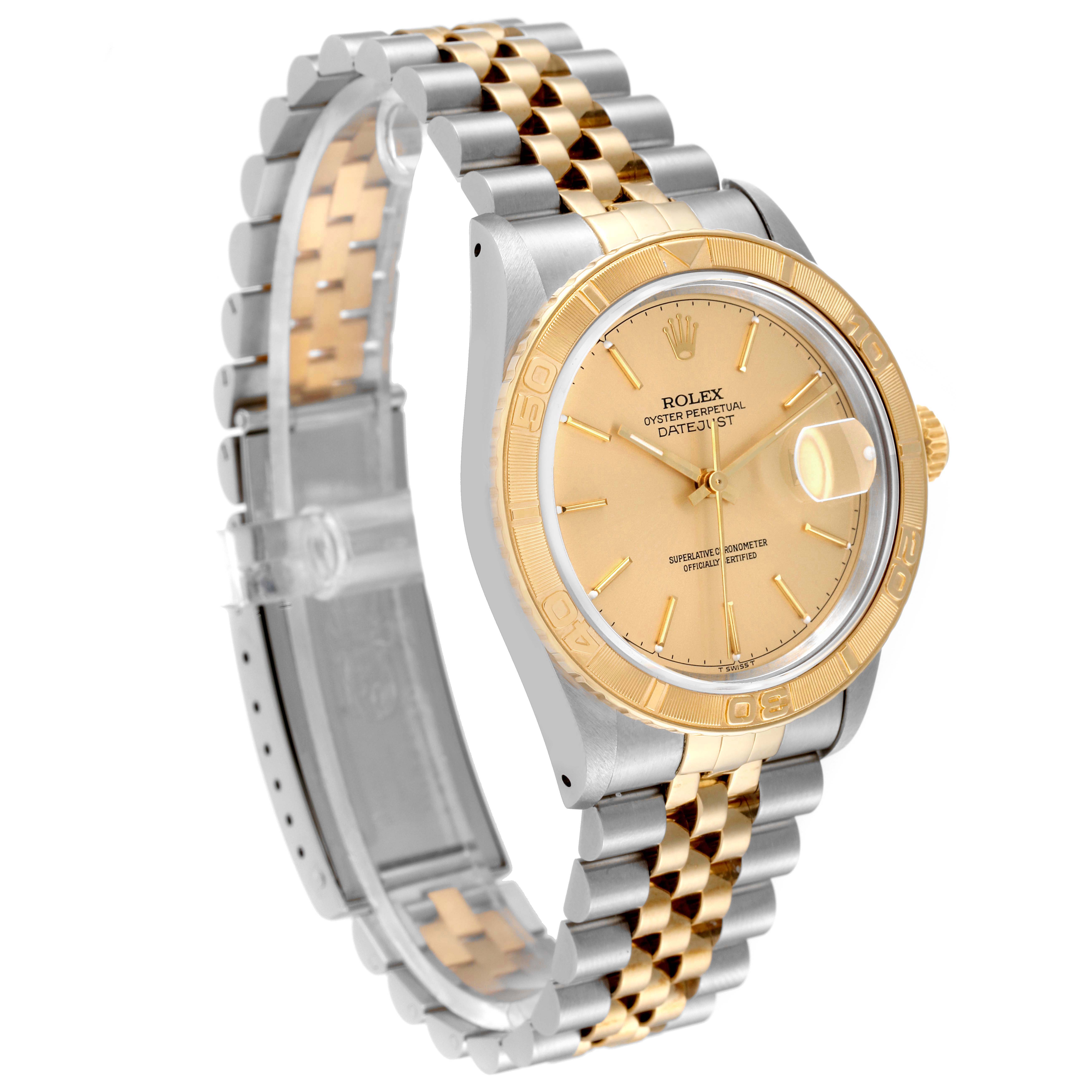 The image shows a side view of a Rolex Turn-o-Graph 16263 Men's Steel and Gold (two tone) Champagne Dial 16263 Men's Steel and Gold (two tone) Champagne Dial watch, highlighting its gold bezel and two-tone bracelet.