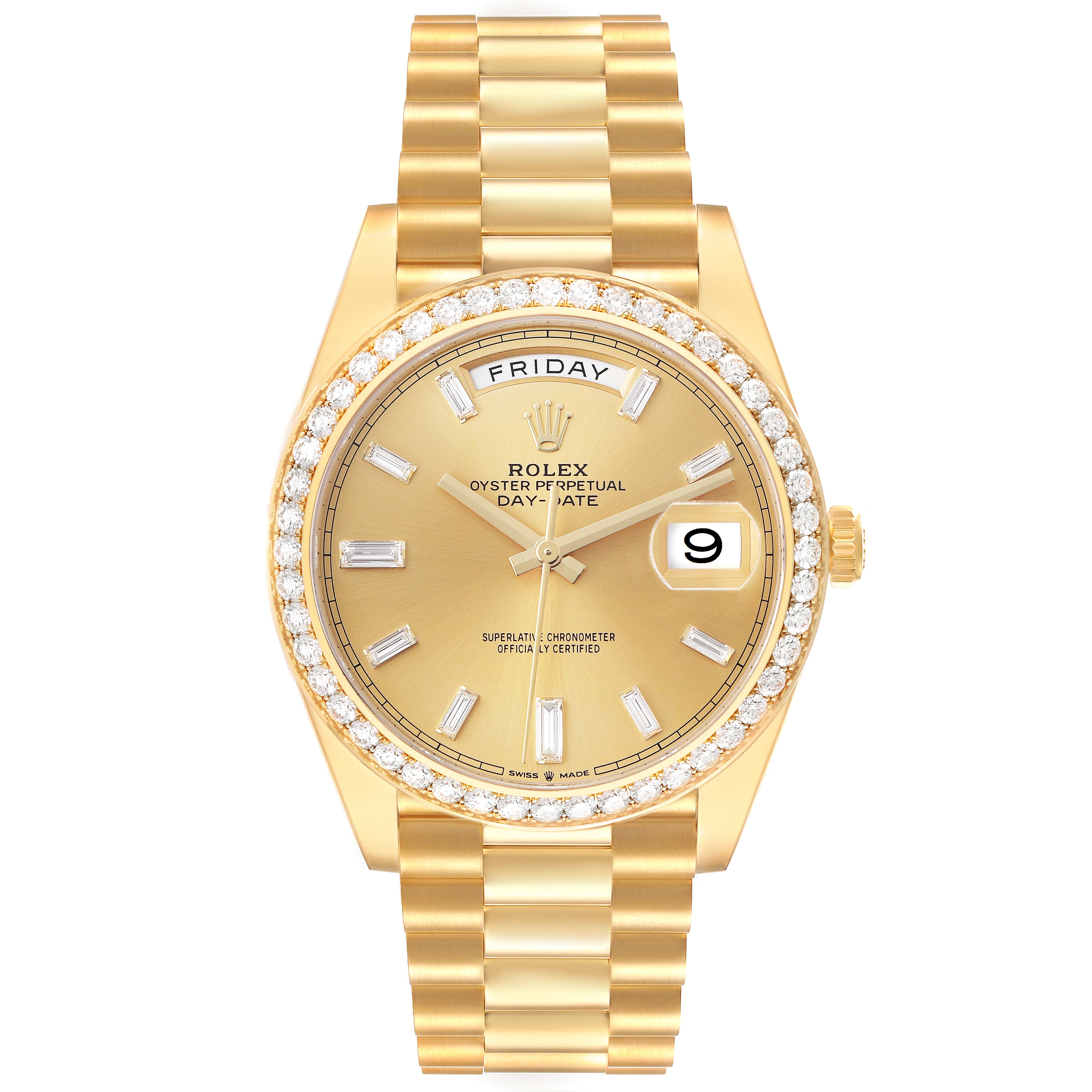 The Rolex President 228348 Men's Yellow Gold Champagne Dial model is shown from the front, displaying the dial, bracelet, bezel, day, and date windows.