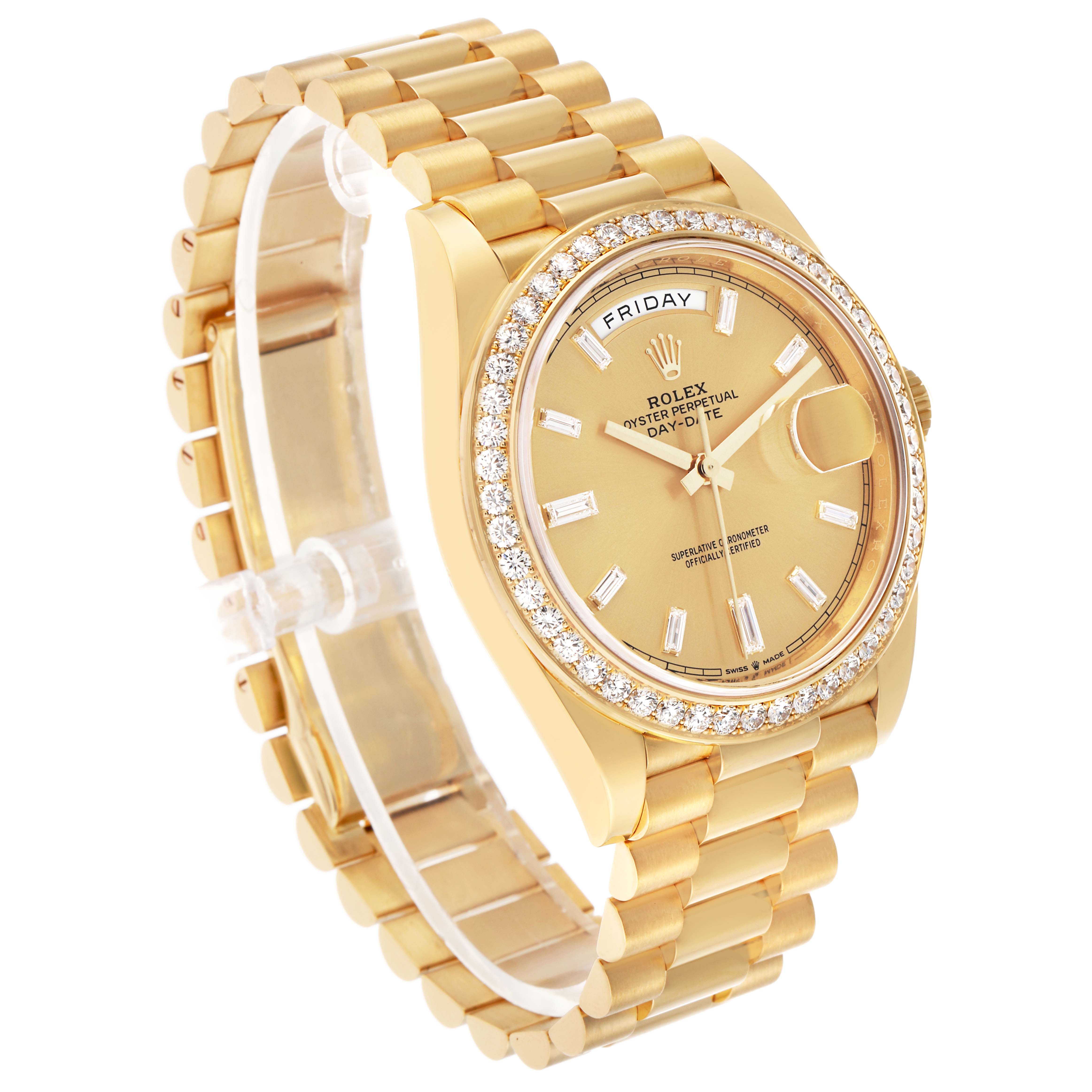 The Rolex President 228348 Men's Yellow Gold Champagne Dial model is shown at a three-quarter angle, highlighting the bracelet, bezel, and dial with day-date display.