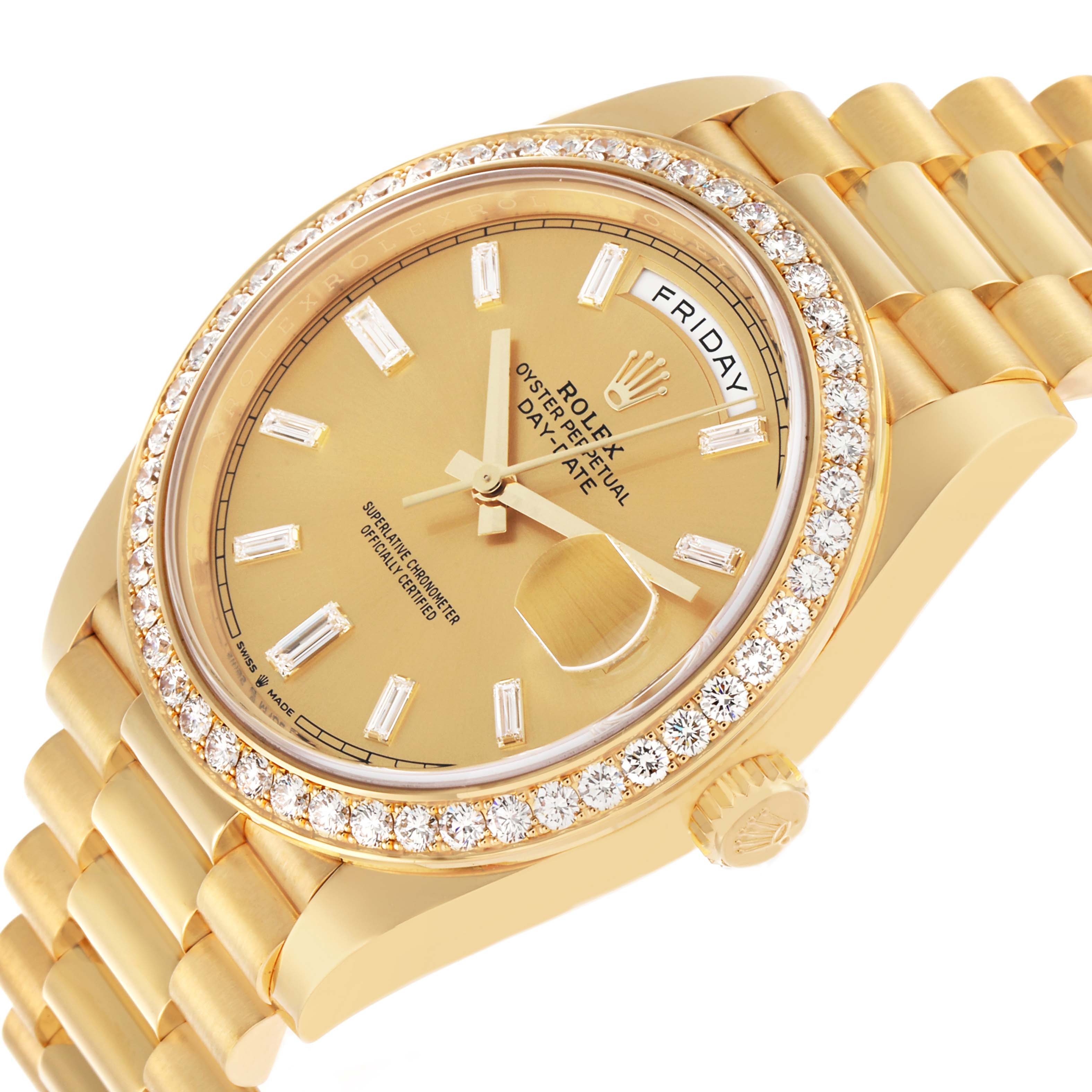 The Rolex President 228348 Men's Yellow Gold Champagne Dial model is shown at a slight angle, highlighting the dial, diamond bezel, and part of the gold bracelet.