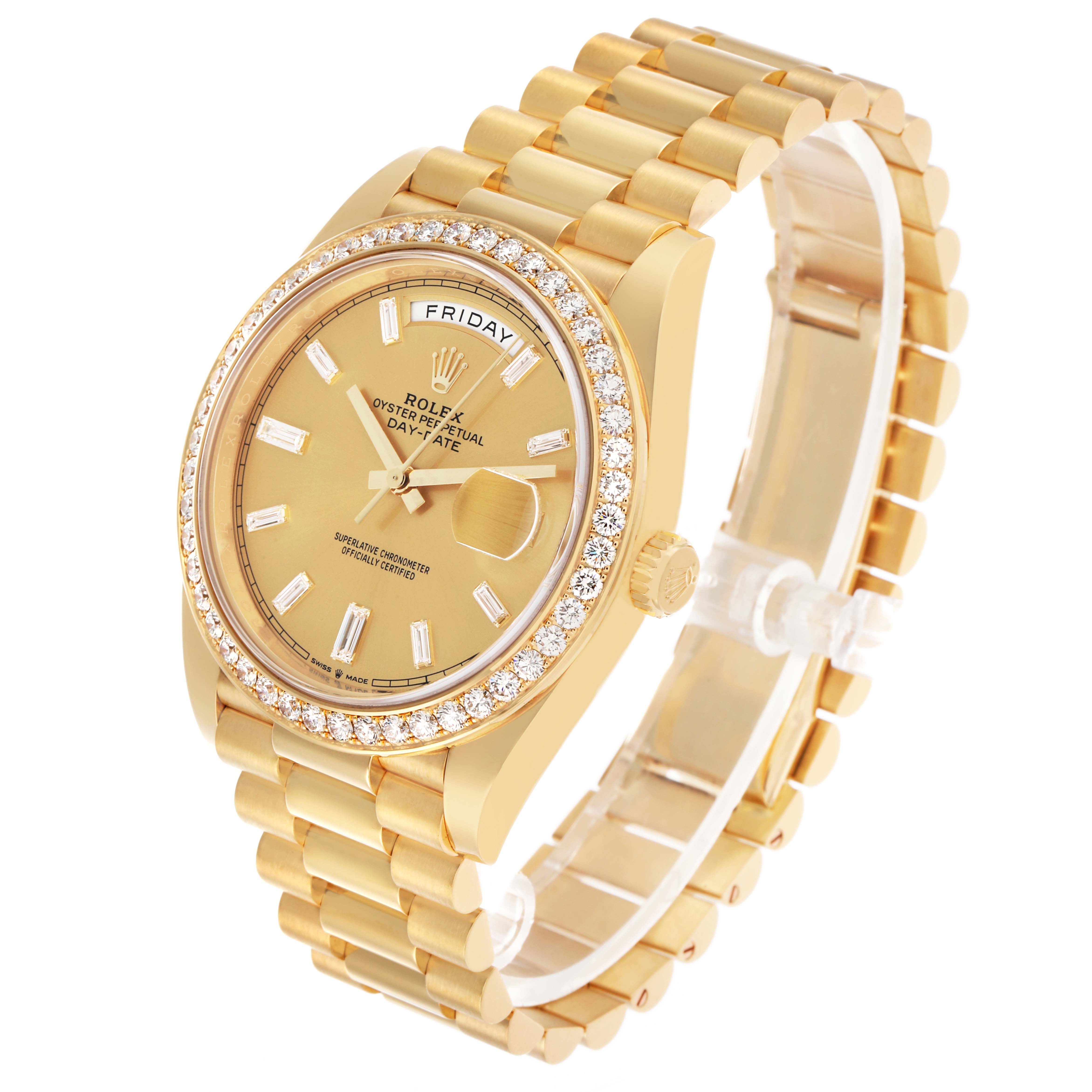 The Rolex President 228348 Men's Yellow Gold Champagne Dial watch is shown at a three-quarter angle, highlighting the bracelet, bezel, and face with diamond hour markers.