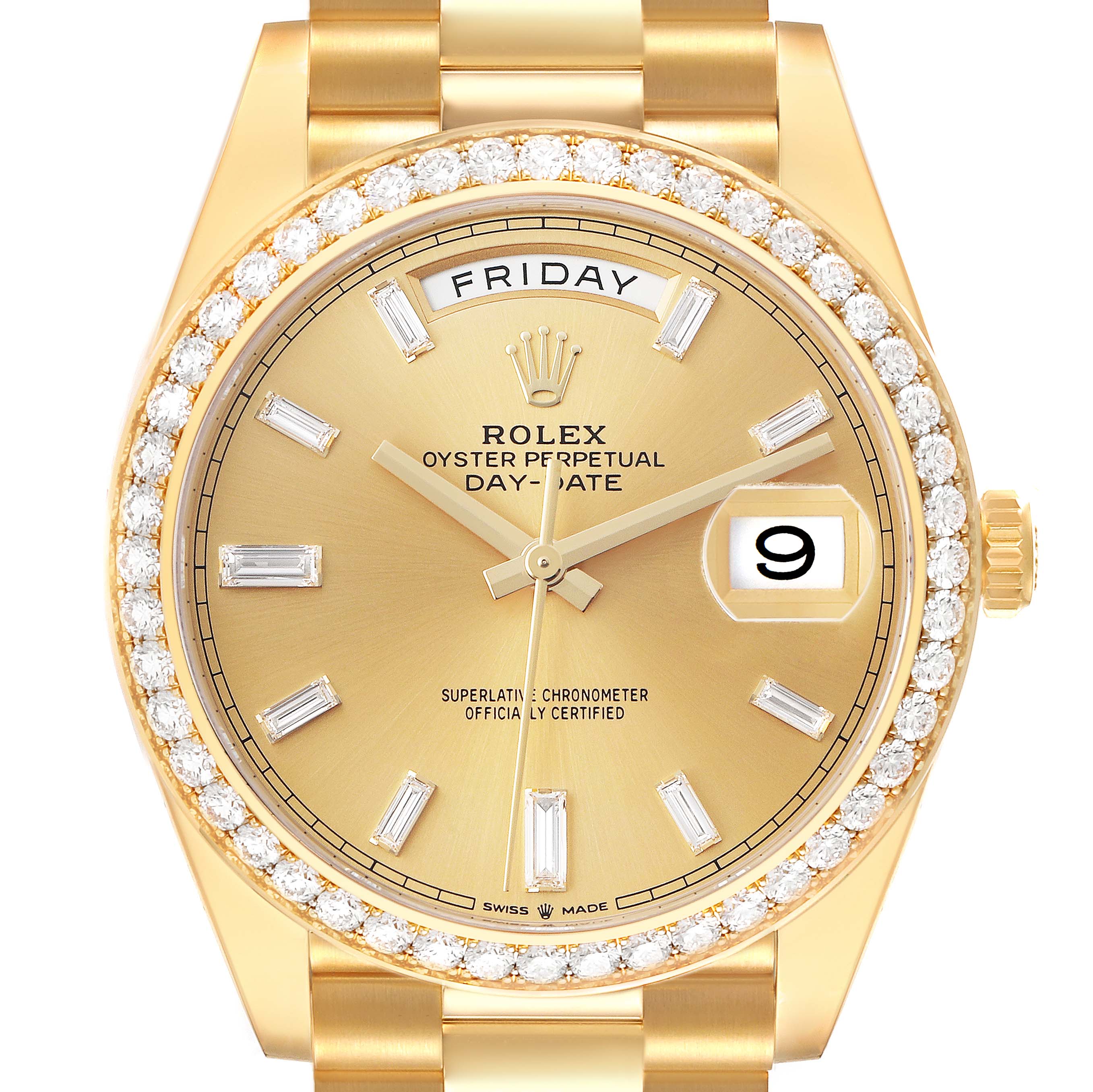 The Rolex President 228348 Men's Yellow Gold Champagne Dial model watch is shown from the front, highlighting its gold dial, diamond bezel, day-date display, and bracelet.