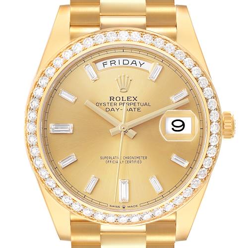 Photo of Rolex Day-Date 40 President Yellow Gold Diamond Bezel Mens Watch 228348 Box Card