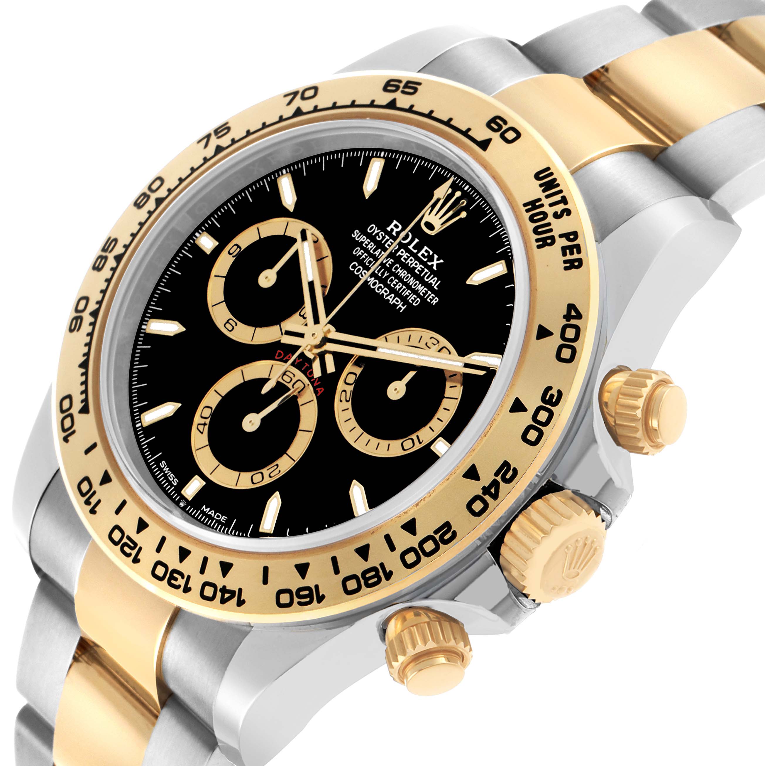 The Rolex Daytona 126503 Men's Steel and Gold (two tone) Black Dial watch is shown at an angled view, highlighting its bezel, crown, pushers, and bracelet.