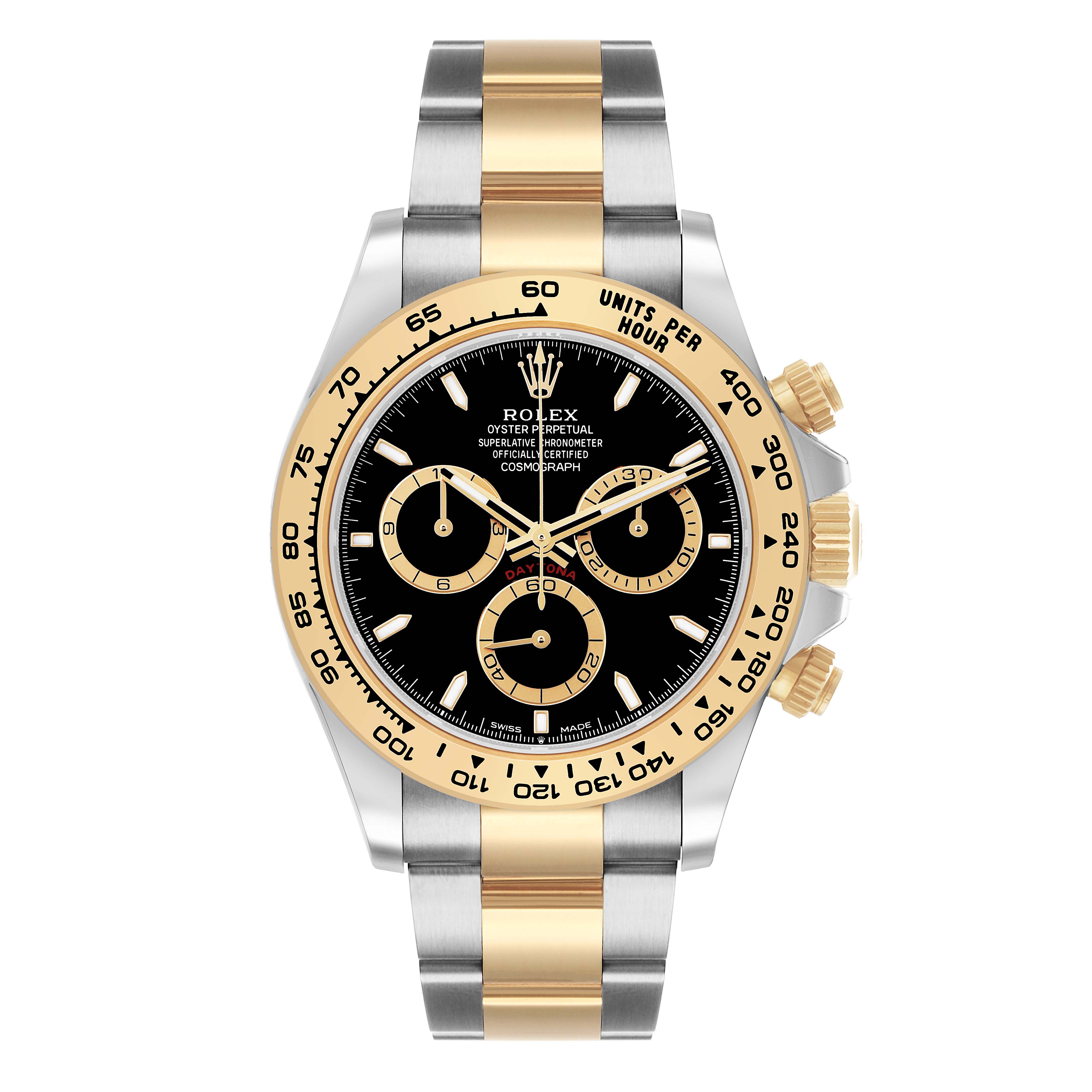 The Rolex Daytona 126503 Men's Steel and Gold (two tone) Black Dial watch is shown from a top-down angle, displaying the face, bezel, and bracelet.