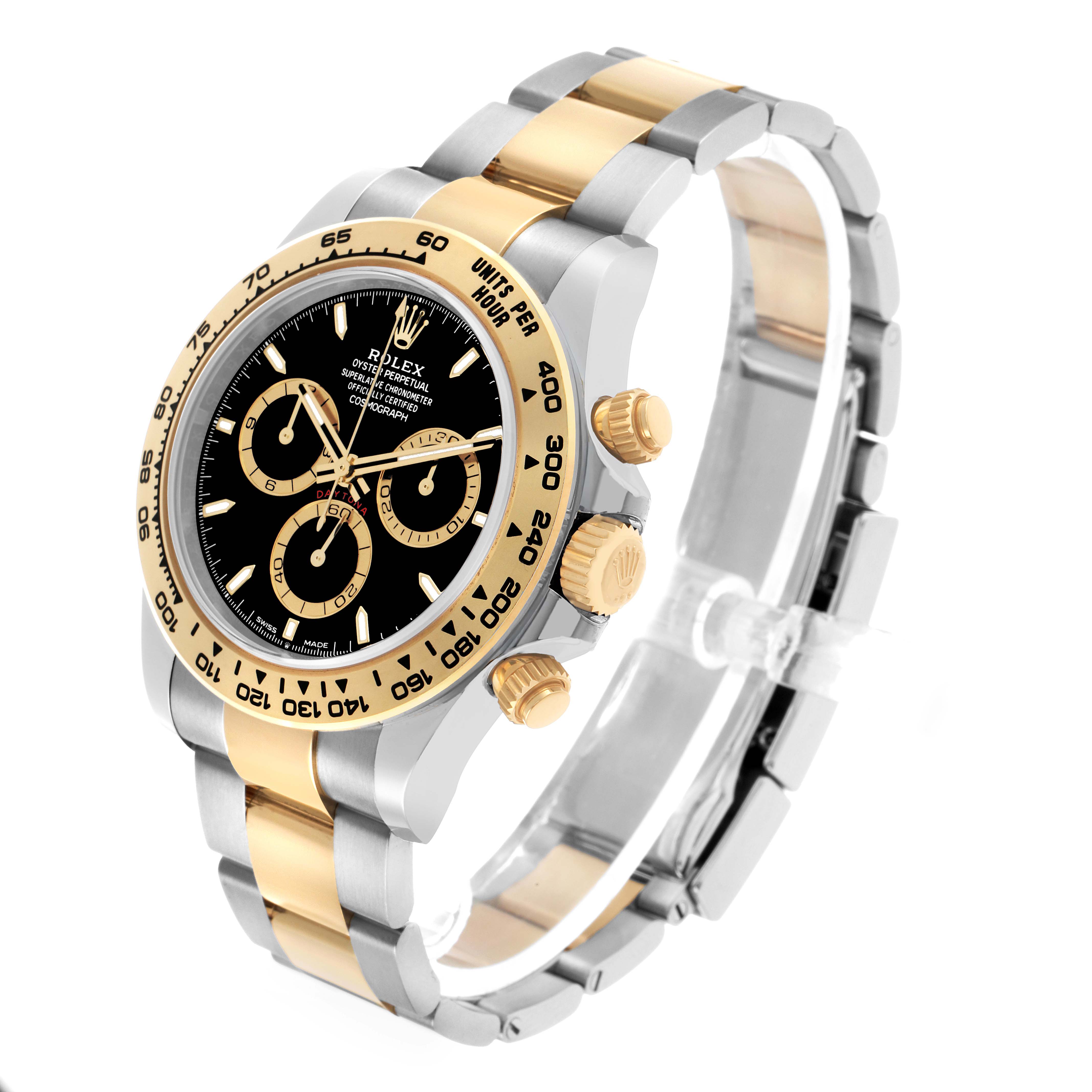 The Rolex Daytona 126503 Men's Steel and Gold (two tone) Black Dial watch is shown at an angled view, highlighting its dial, bezel, and two-tone bracelet.