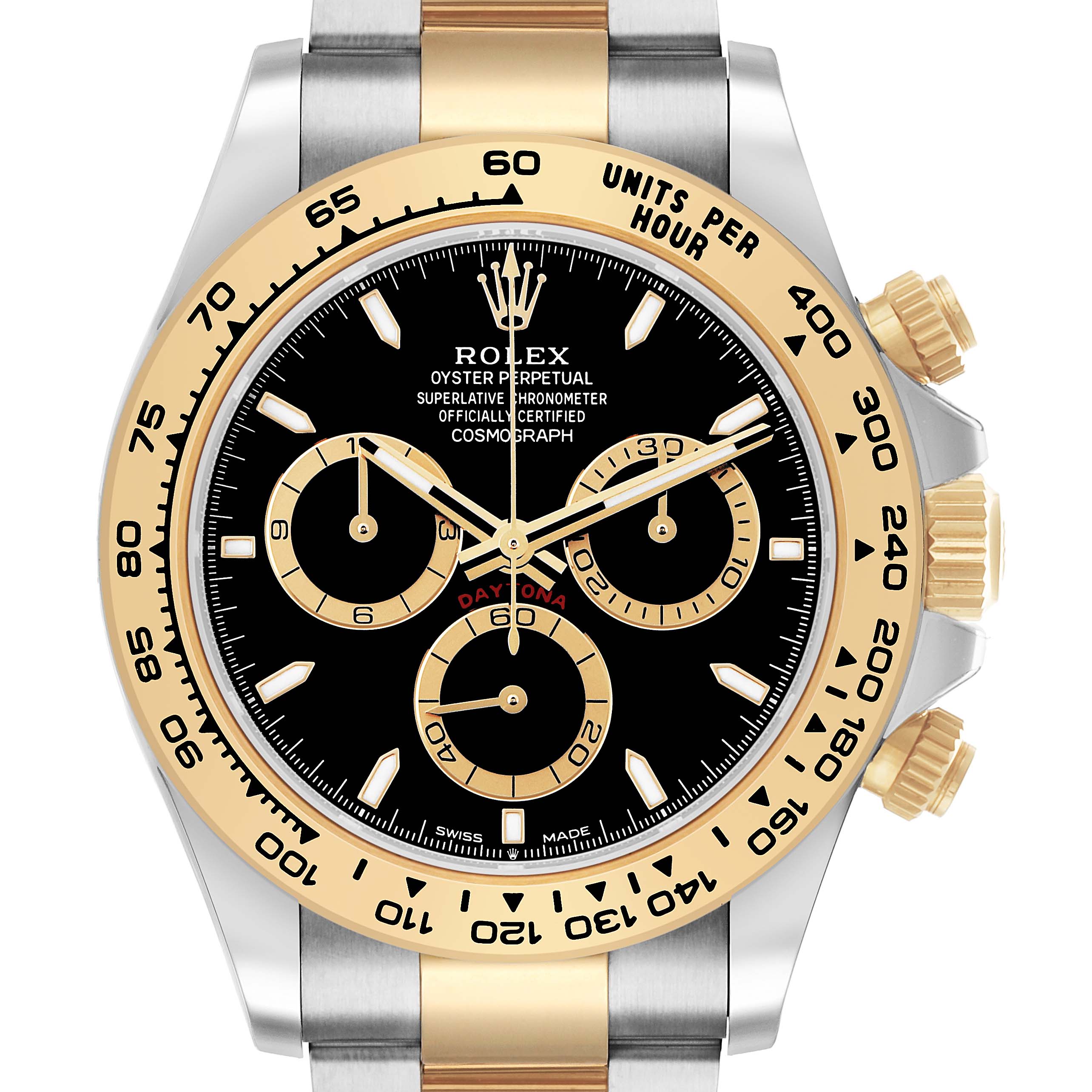 The Rolex Daytona 126503 Men's Steel and Gold (two tone) Black Dial watch is shown from a frontal angle, displaying the dial, bezel, pushers, and bracelet.