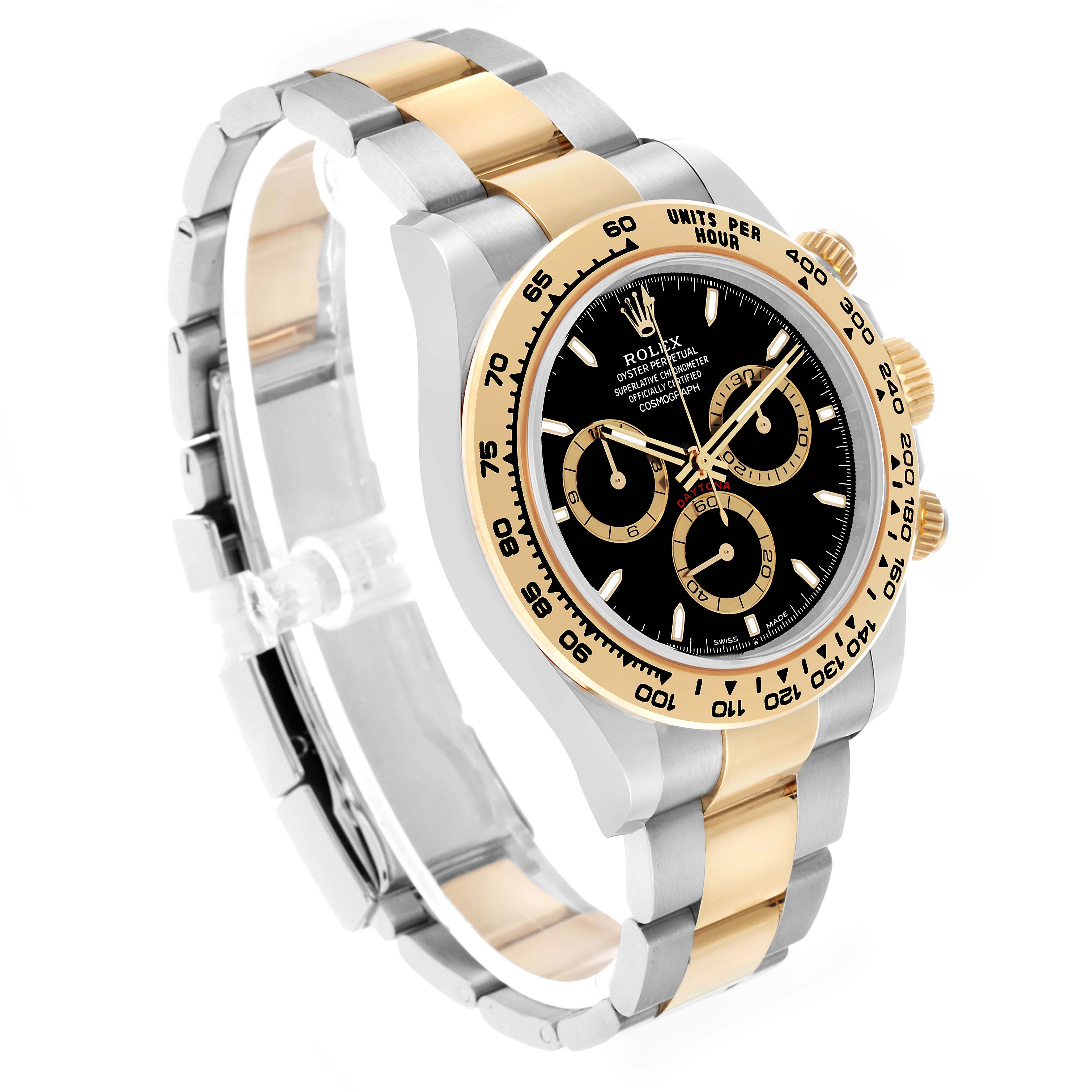 The Rolex Daytona 126503 Men's Steel and Gold (two tone) Black Dial watch is shown from an angled side view, highlighting its black dial, gold bezel, subdials, and two-tone bracelet.