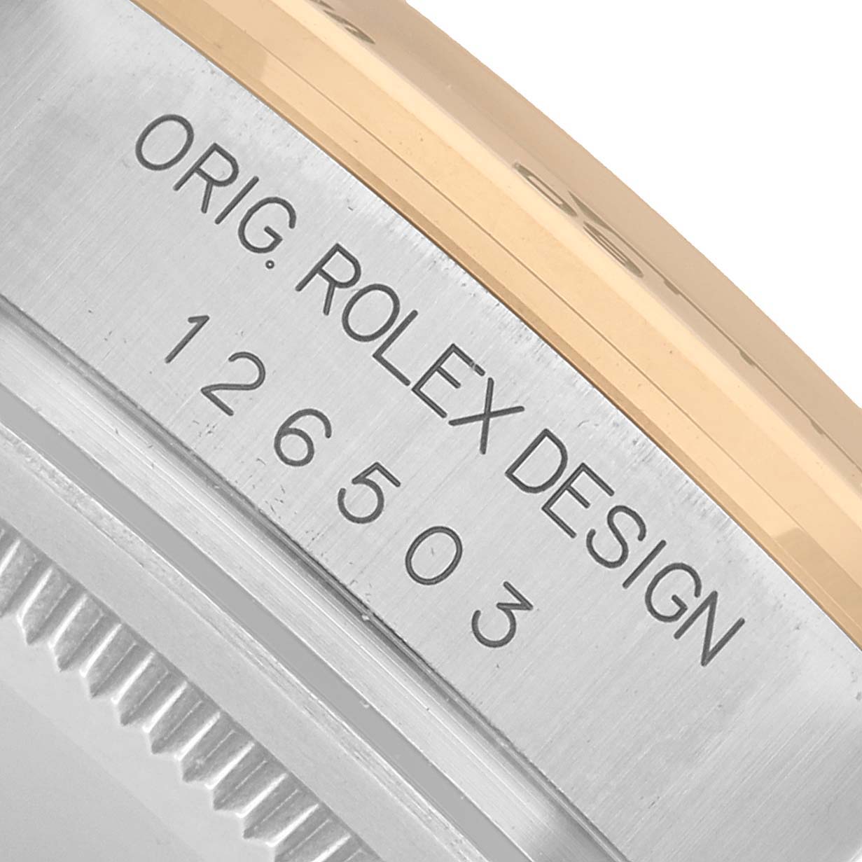 The image shows a close-up of the case side engraving on a Rolex Daytona 126503 Men's Steel and Gold (two tone) Black Dial watch, featuring the model number 126503.