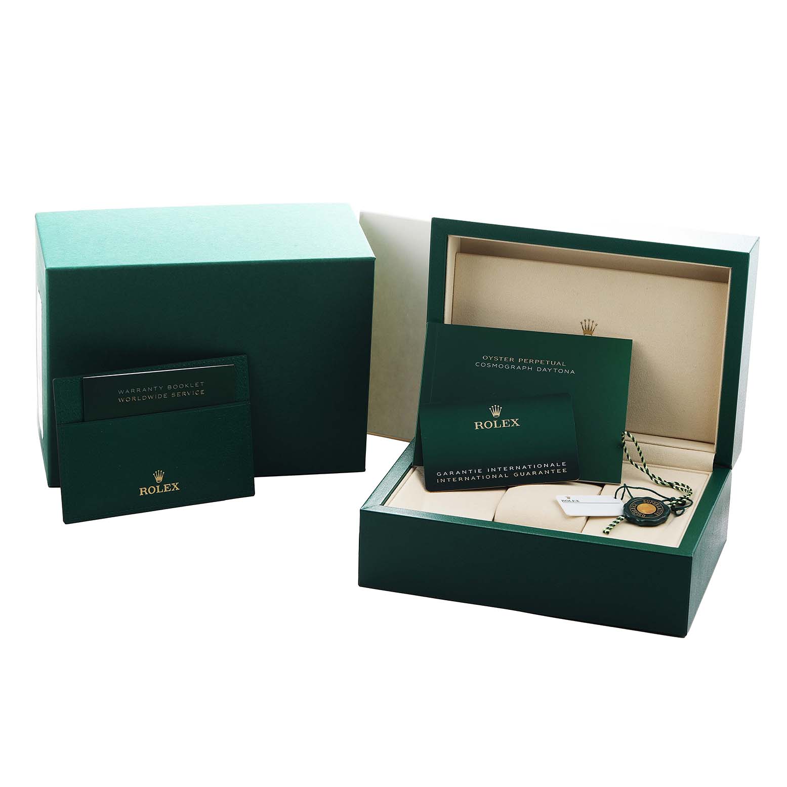 The image shows a Rolex Daytona 126503 Men's Steel and Gold (two tone) Black Dial watch set with a green box, warranty booklet, and tags.