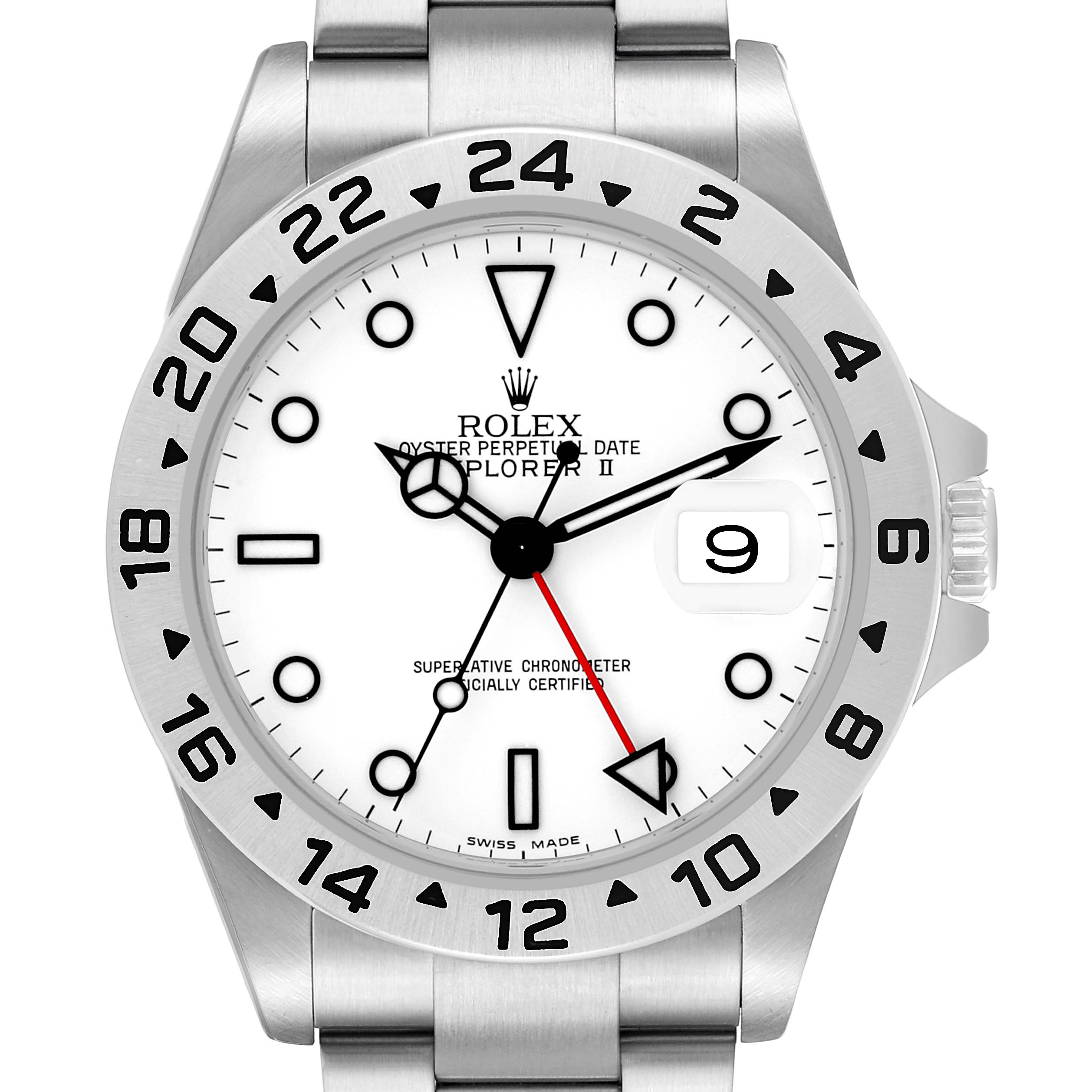 The Rolex Explorer 16570 Men's Stainless Steel White Dial watch is shown from a front angle, displaying the dial, bezel, bracelet, and date window.