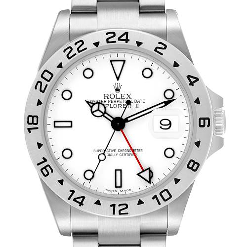 The image shows a front view of the Rolex Explorer 16570 Men's Stainless Steel White Dial II watch, highlighting its bezel, dial, and bracelet.