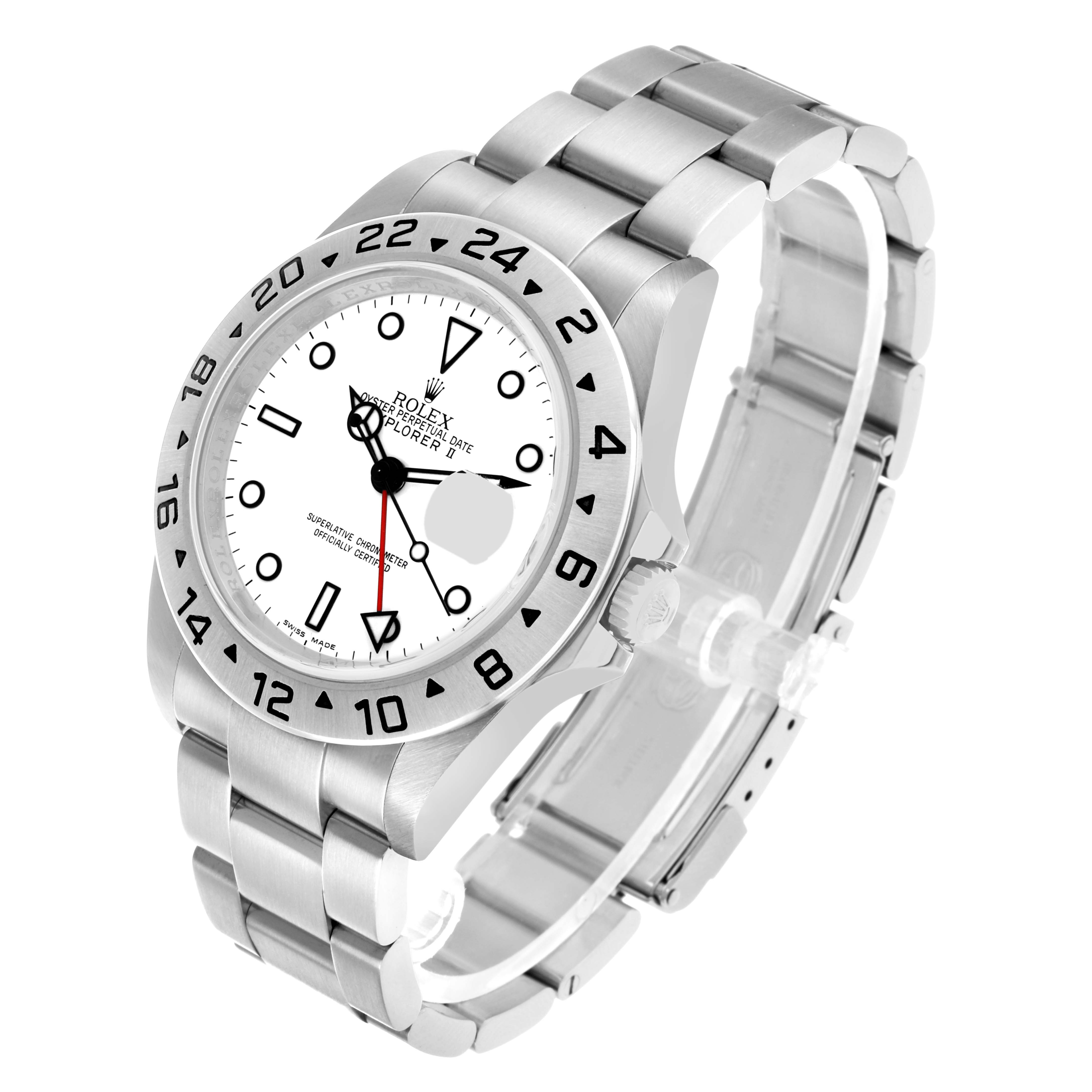 The Rolex Explorer 16570 Men's Stainless Steel White Dial watch is shown at a three-quarter angle, displaying the face, bezel, bracelet, and partially open clasp.