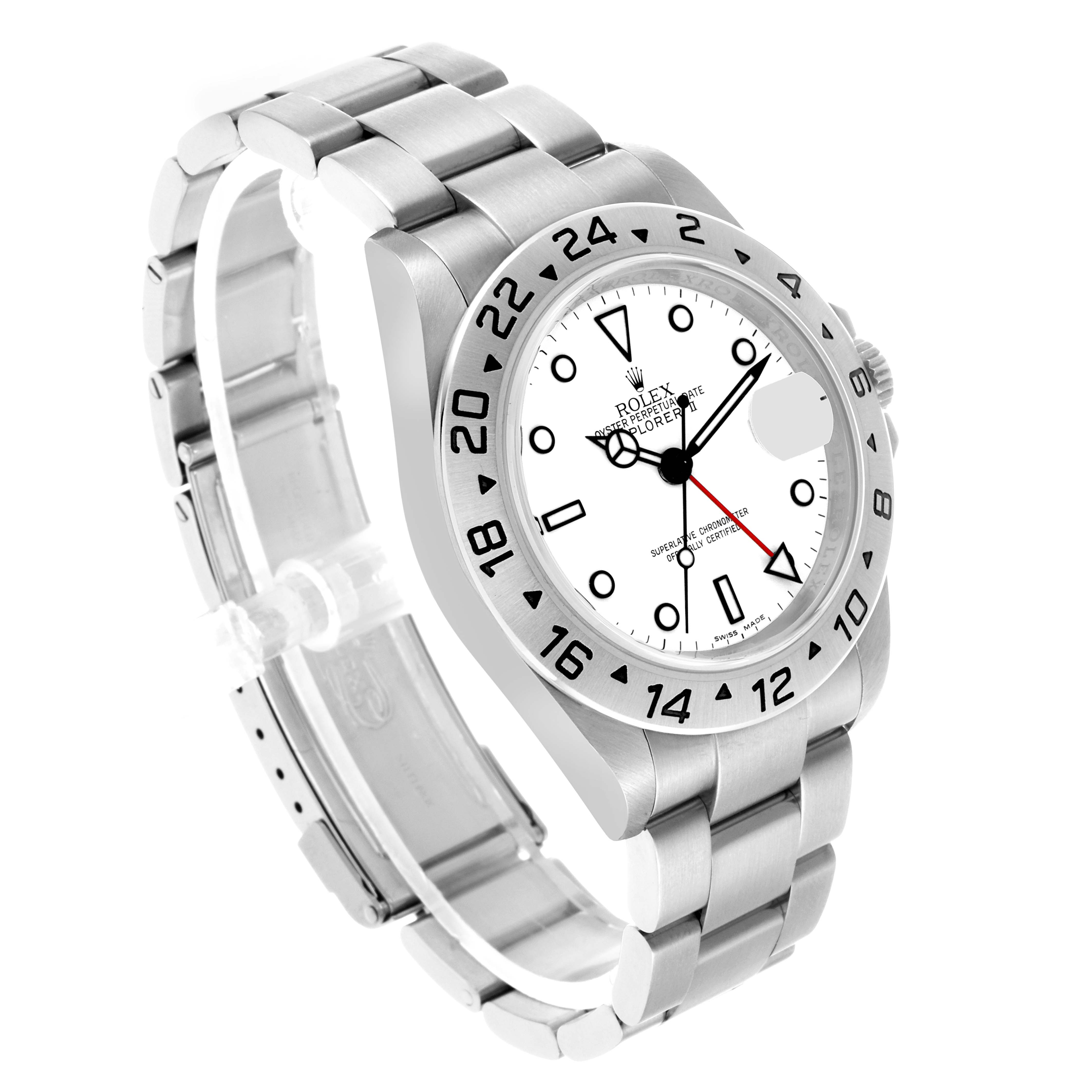 The Rolex Explorer 16570 Men's Stainless Steel White Dial watch is shown at a three-quarter angle, displaying the face, bezel, crown, and bracelet.