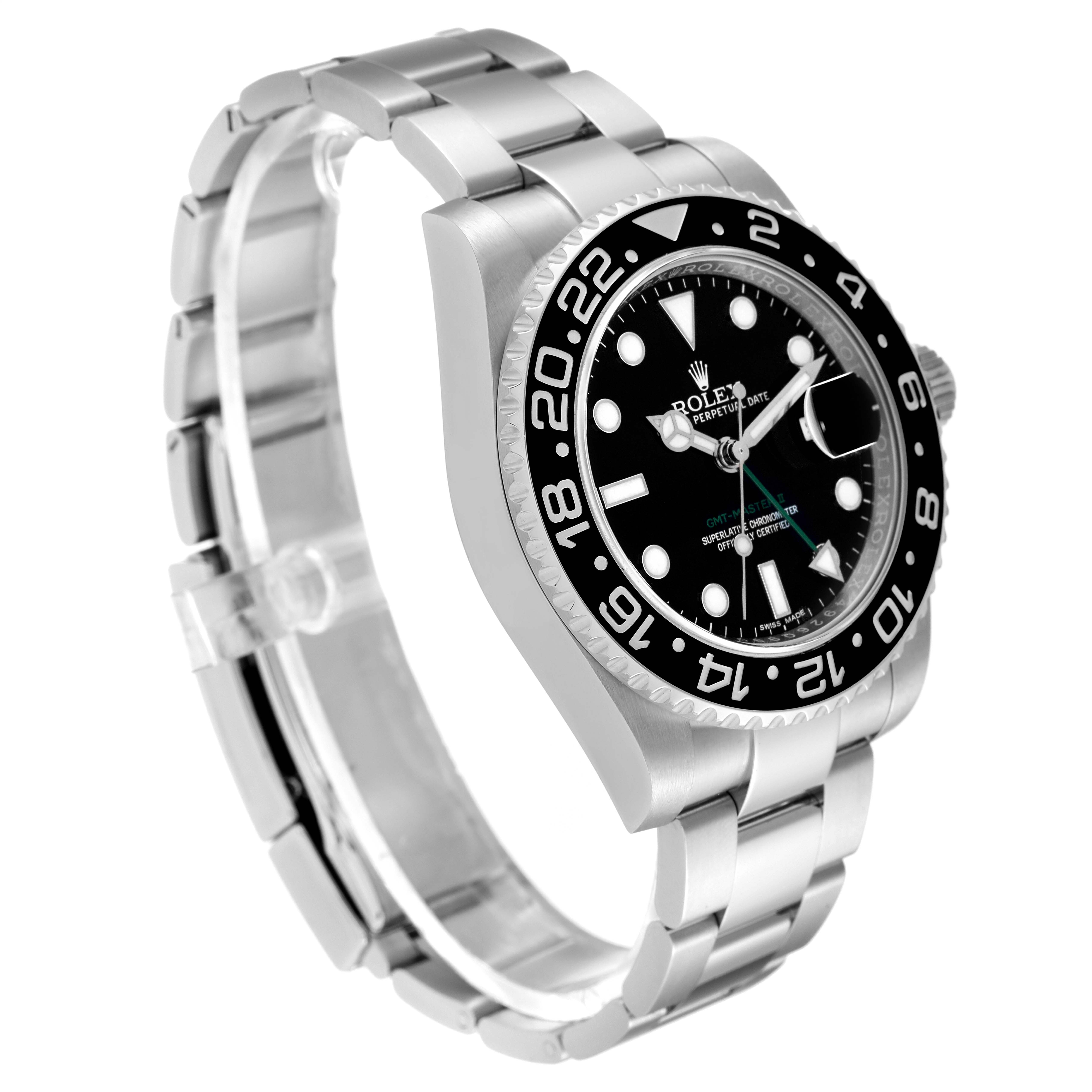 This image shows the Rolex GMT-Master 116710 Men
s Stainless Steel Black Dial 116710 Men
s Stainless Steel Black Dial watch at a three-quarter angle, highlighting the bezel, dial, and bracelet.