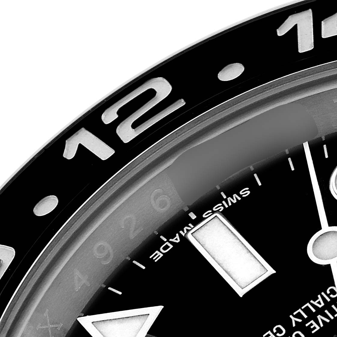 This close-up angle of the Rolex GMT-Master 116710 Men
s Stainless Steel Black Dial 116710 Men
s Stainless Steel Black Dial watch highlights the bezel, dial, and hour markers.