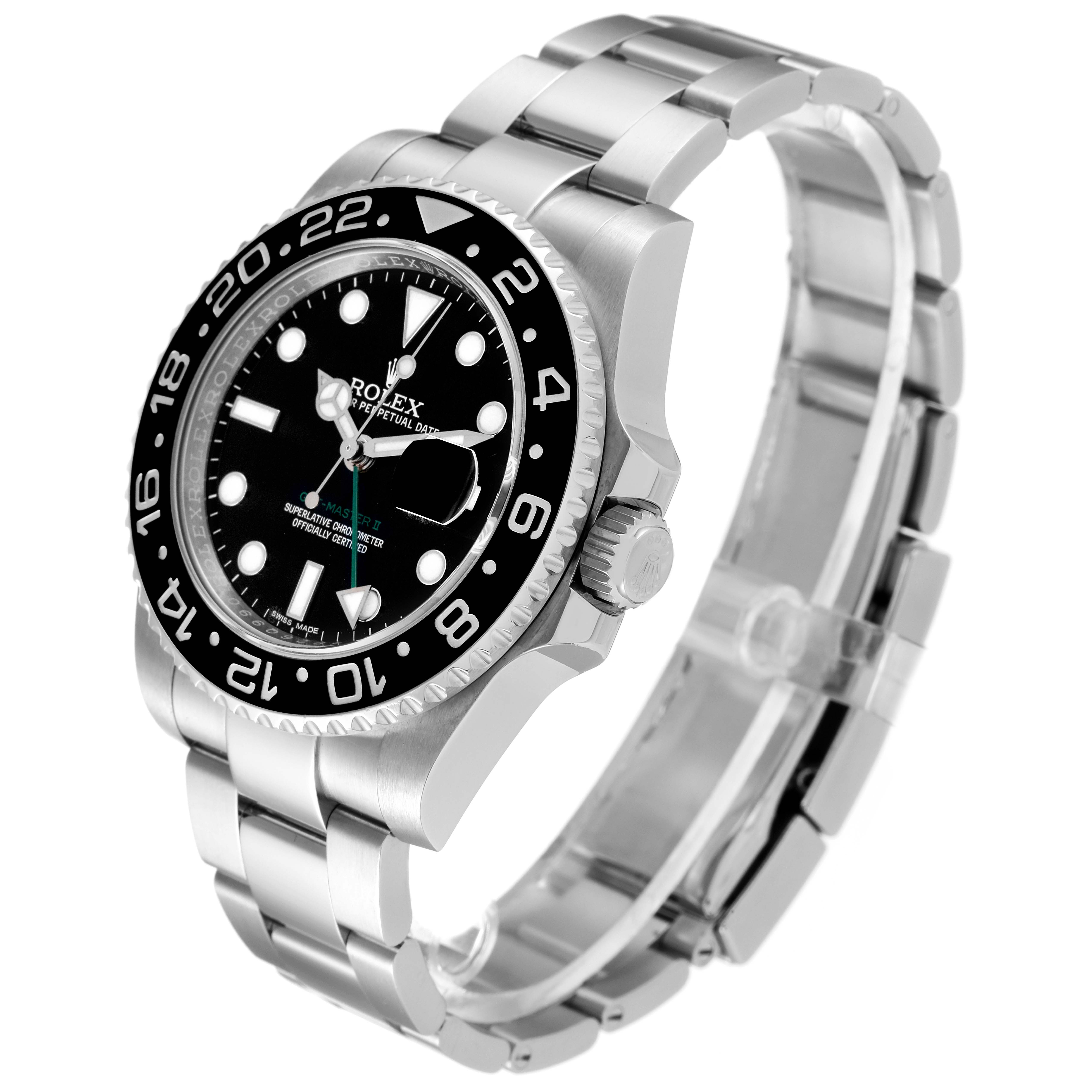 The image shows a side angle of the Rolex GMT-Master 116710 Men
s Stainless Steel Black Dial 116710 Men
s Stainless Steel Black Dial watch, highlighting its bezel, dial, case, and bracelet.