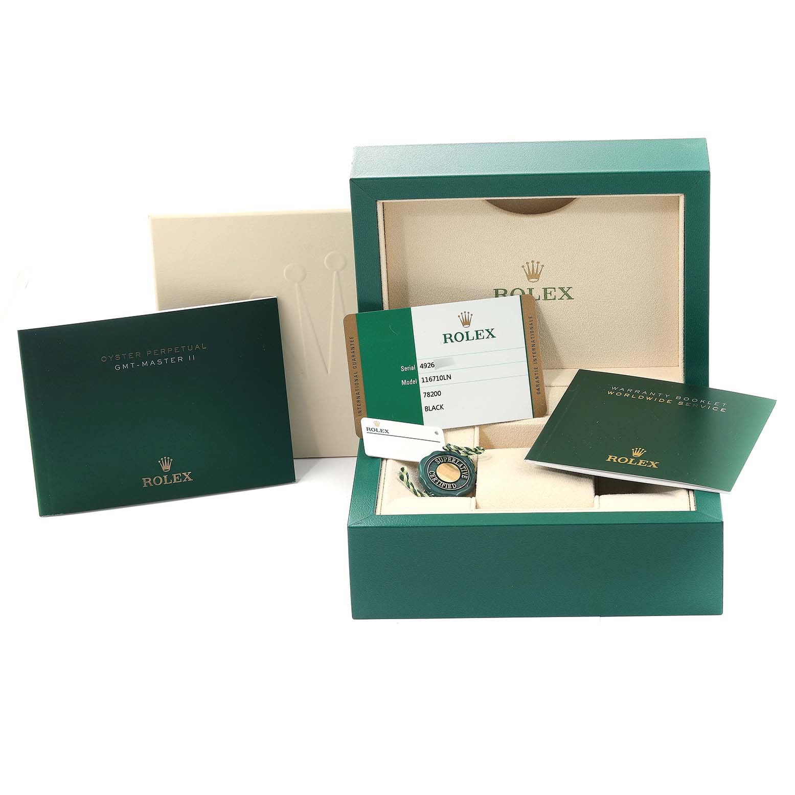 The image shows the packaging, warranty card, manuals, and tag of a Rolex GMT-Master 116710 Men
s Stainless Steel Black Dial 116710 Men
s Stainless Steel Black Dial watch.