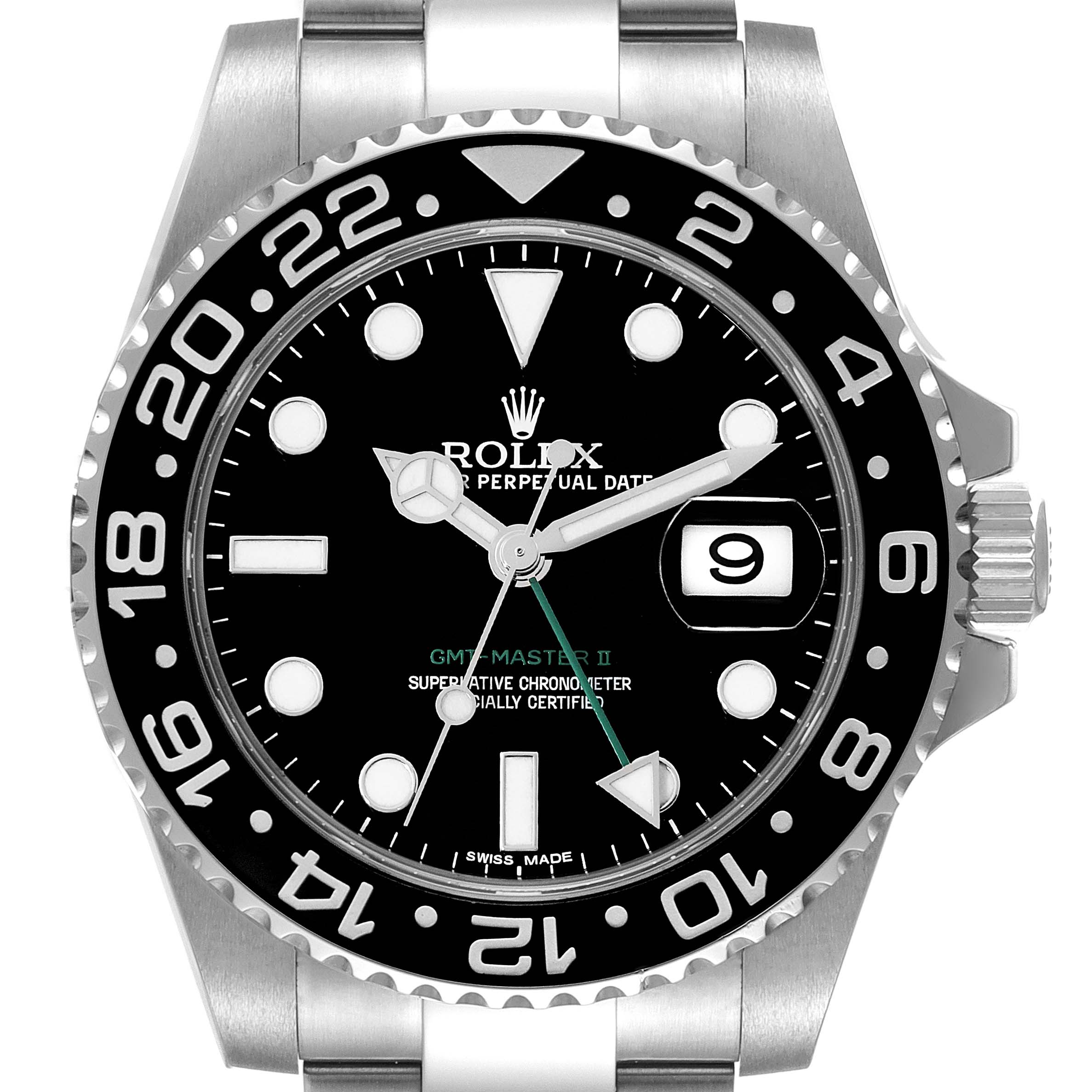 The image shows a front view of a Rolex GMT-Master 116710 Men
s Stainless Steel Black Dial 116710 Men
s Stainless Steel Black Dial II watch, highlighting the dial, bezel, and part of the bracelet.