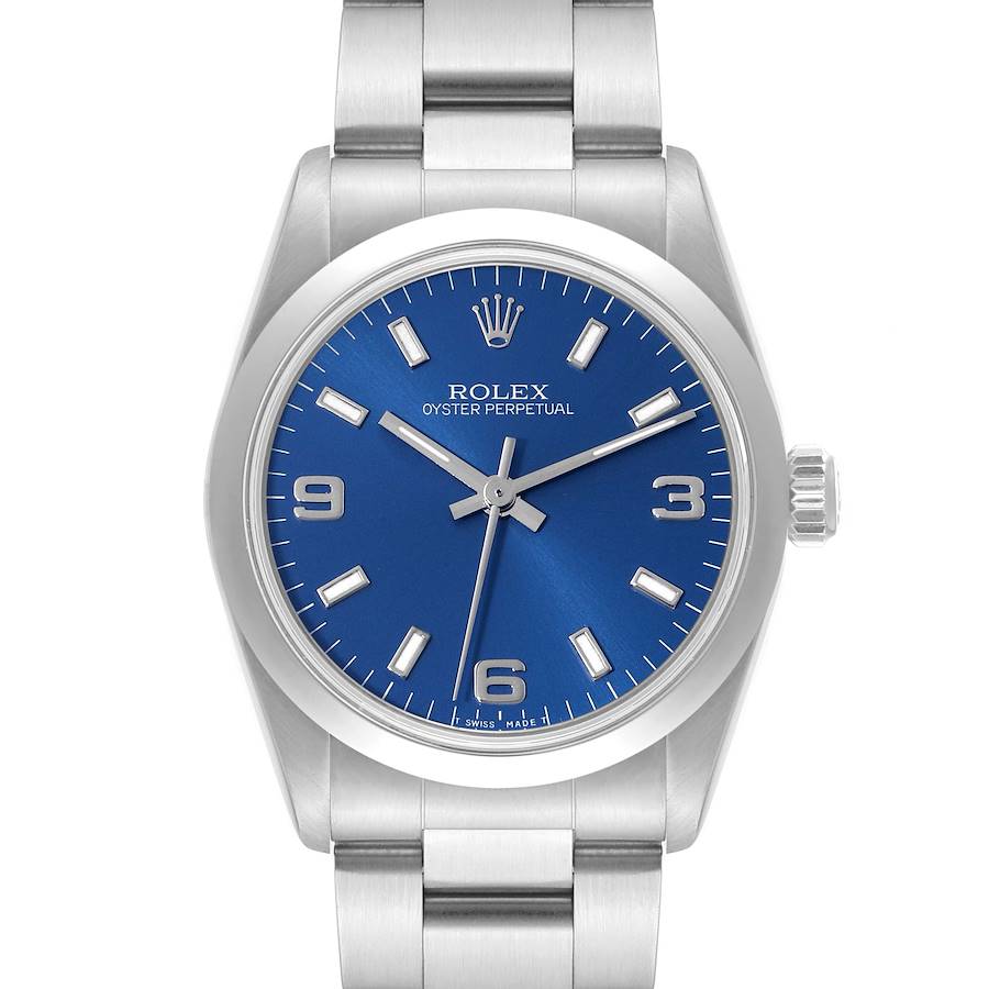 Rolex Midsize Blue Dial Automatic Steel Ladies Watch 67480 Box Papers SwissWatchExpo