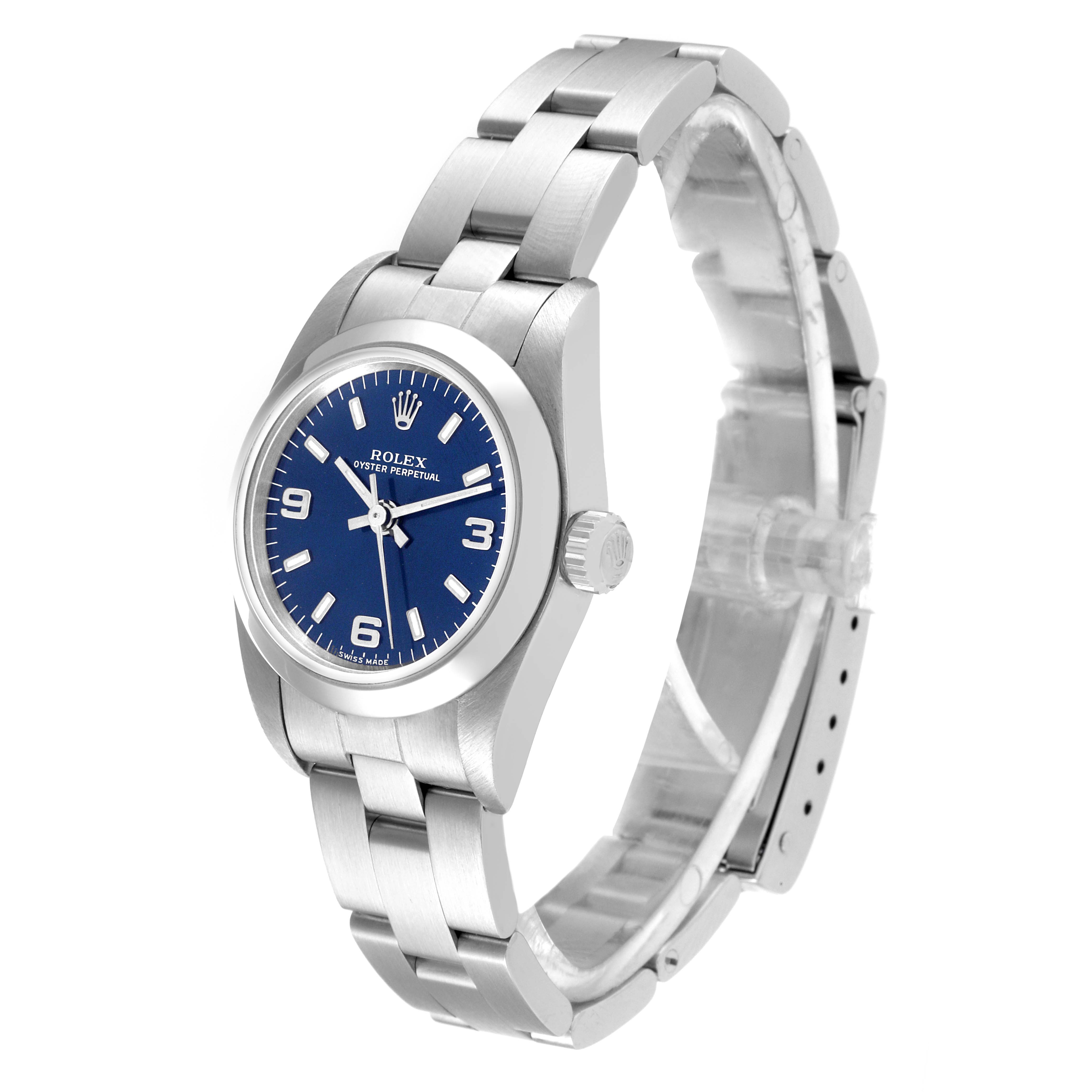 The image shows a Rolex Oyster Perpetual 76080 Women's Stainless Steel Blue Dial 76080 Women's Stainless Steel Blue Dial watch at a three-quarter angle, featuring the face, bezel, crown, and metal bracelet.