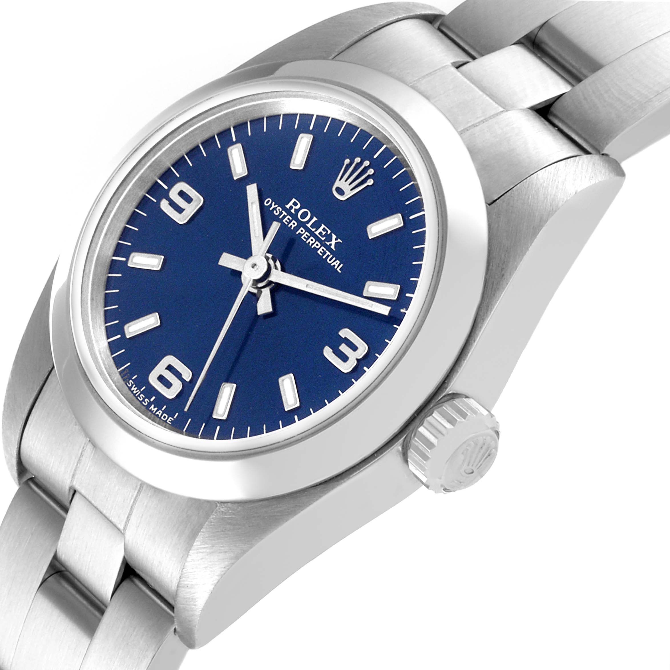 The image shows a close-up angle of the Rolex Oyster Perpetual 76080 Women's Stainless Steel Blue Dial 76080 Women's Stainless Steel Blue Dial watch, focusing on the dial, bezel, crown, and part of the bracelet.