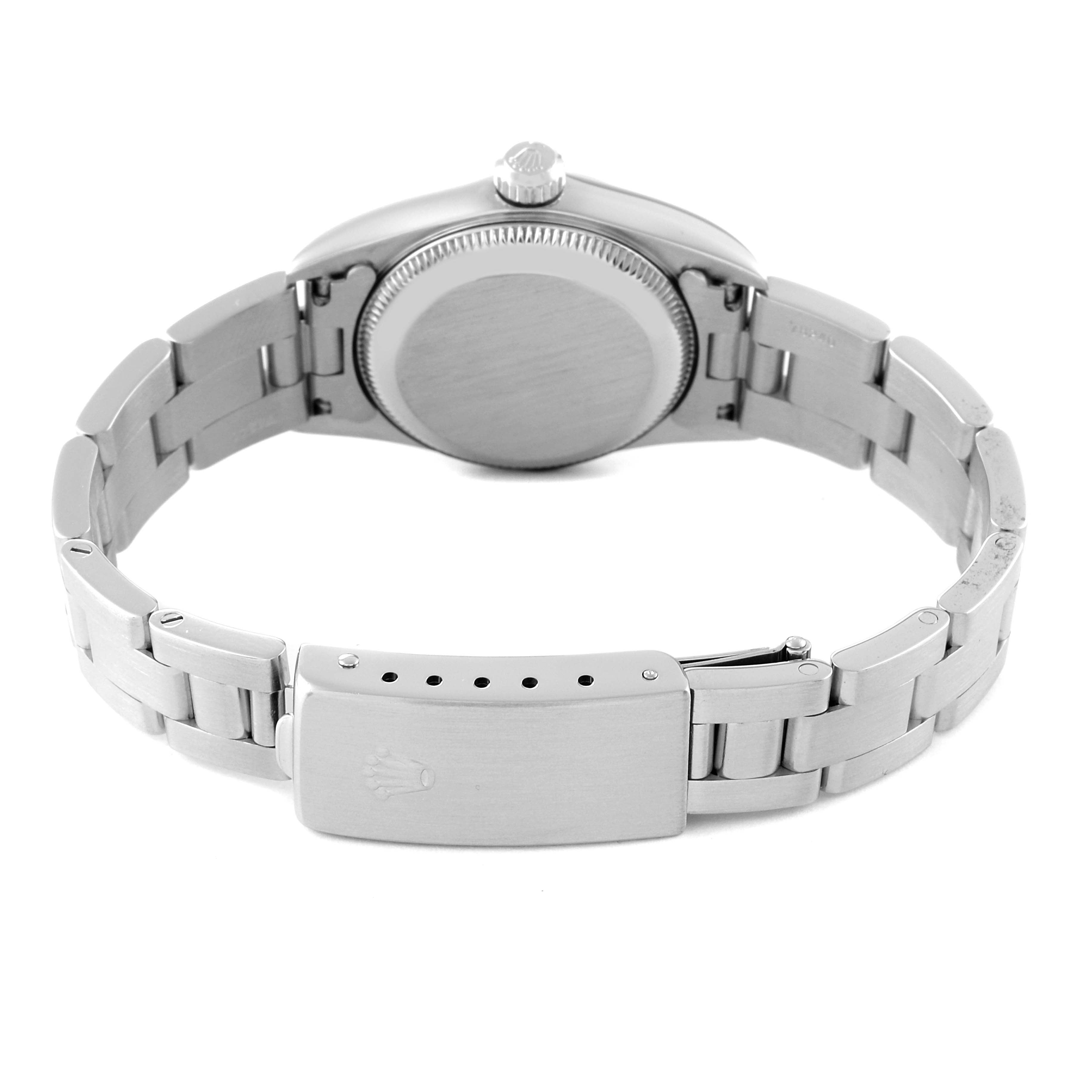 The image shows the back view of the Rolex Oyster Perpetual 76080 Women's Stainless Steel Black Dial 76080 Women's Stainless Steel Black Dial watch, highlighting the clasp and case back.