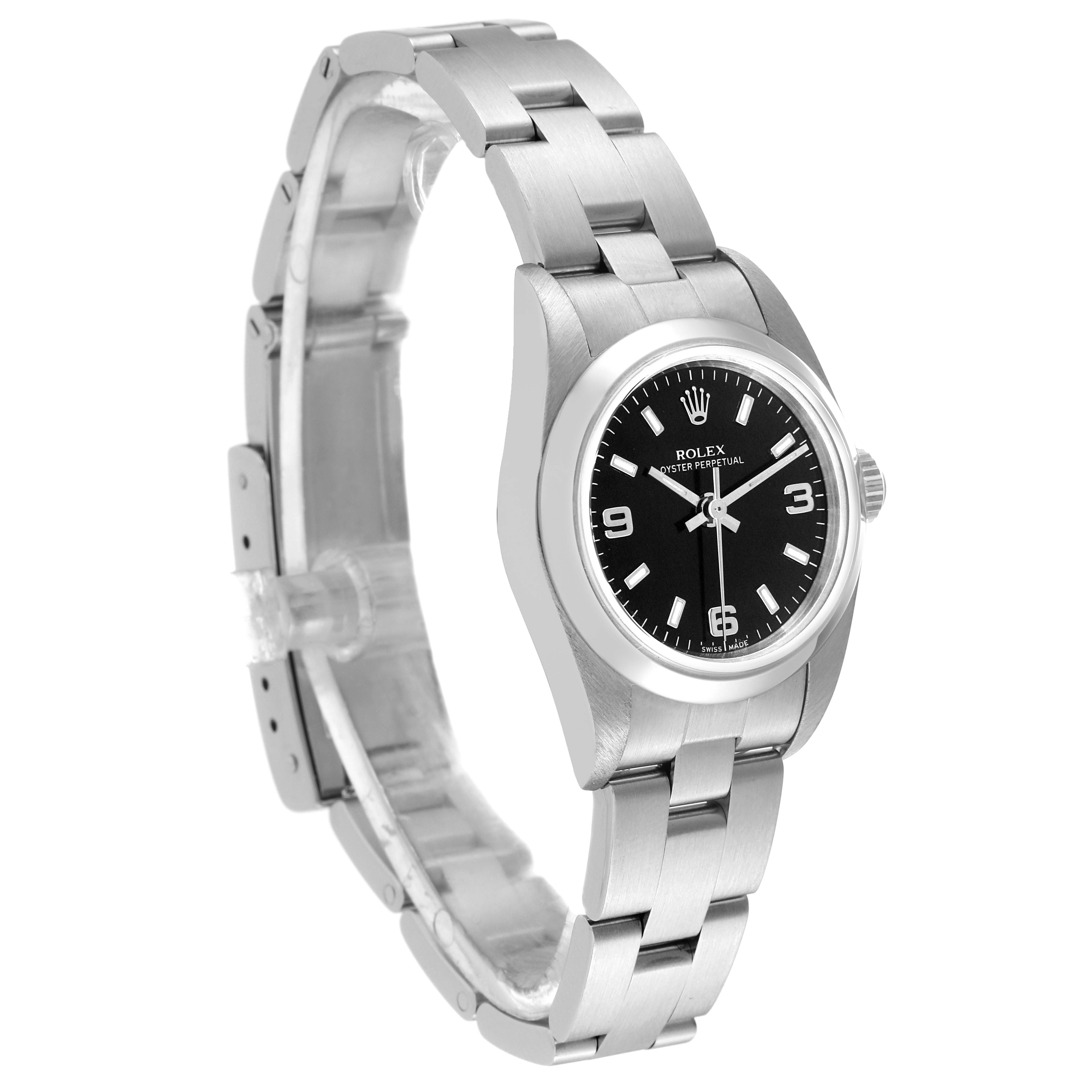 The image shows a Rolex Oyster Perpetual 76080 Women's Stainless Steel Black Dial 76080 Women's Stainless Steel Black Dial watch angled from the left side, highlighting the stainless steel case, bracelet, and black dial.