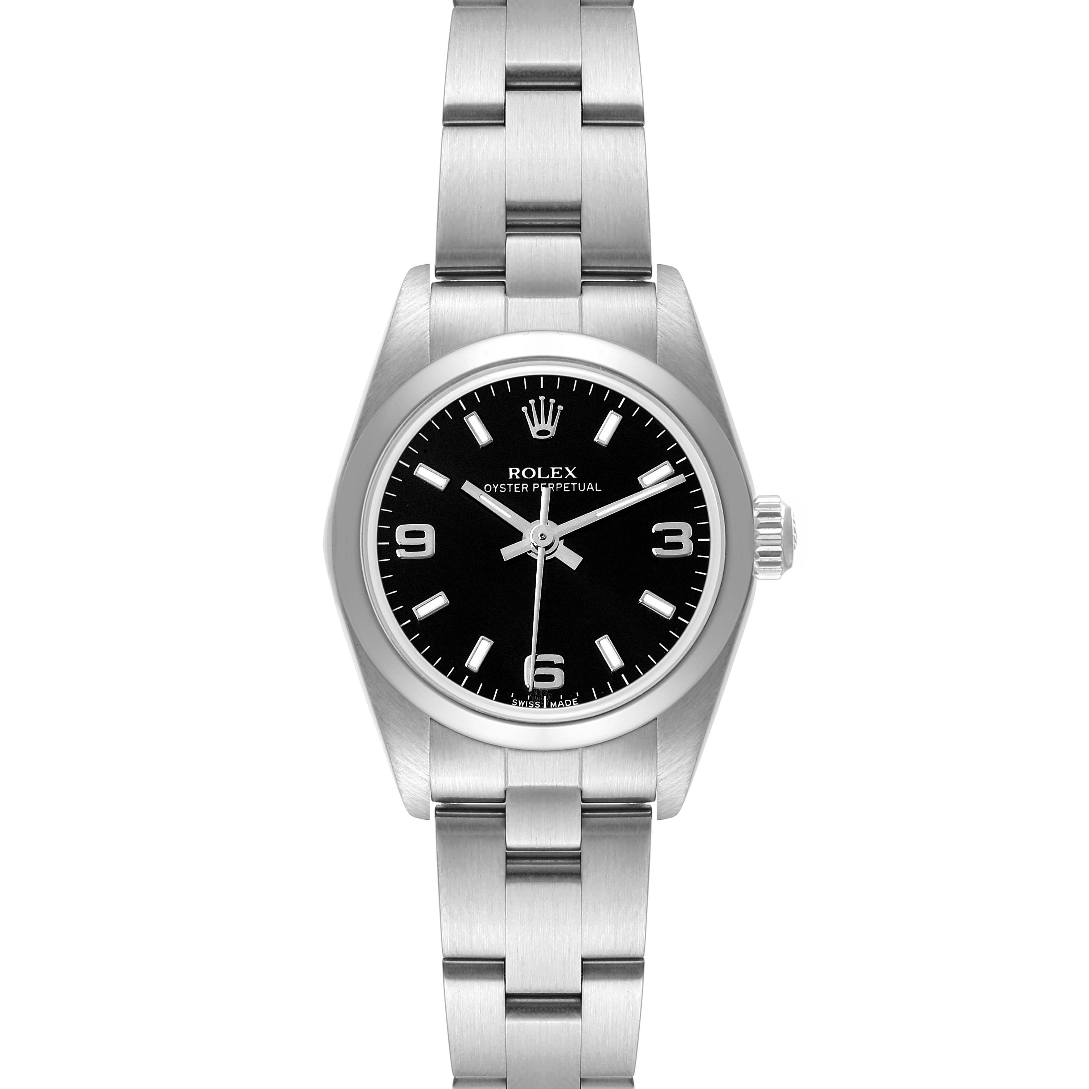 The image shows a front view of a Rolex Oyster Perpetual 76080 Women's Stainless Steel Black Dial 76080 Women's Stainless Steel Black Dial watch, displaying its black dial, stainless steel case, and bracelet.