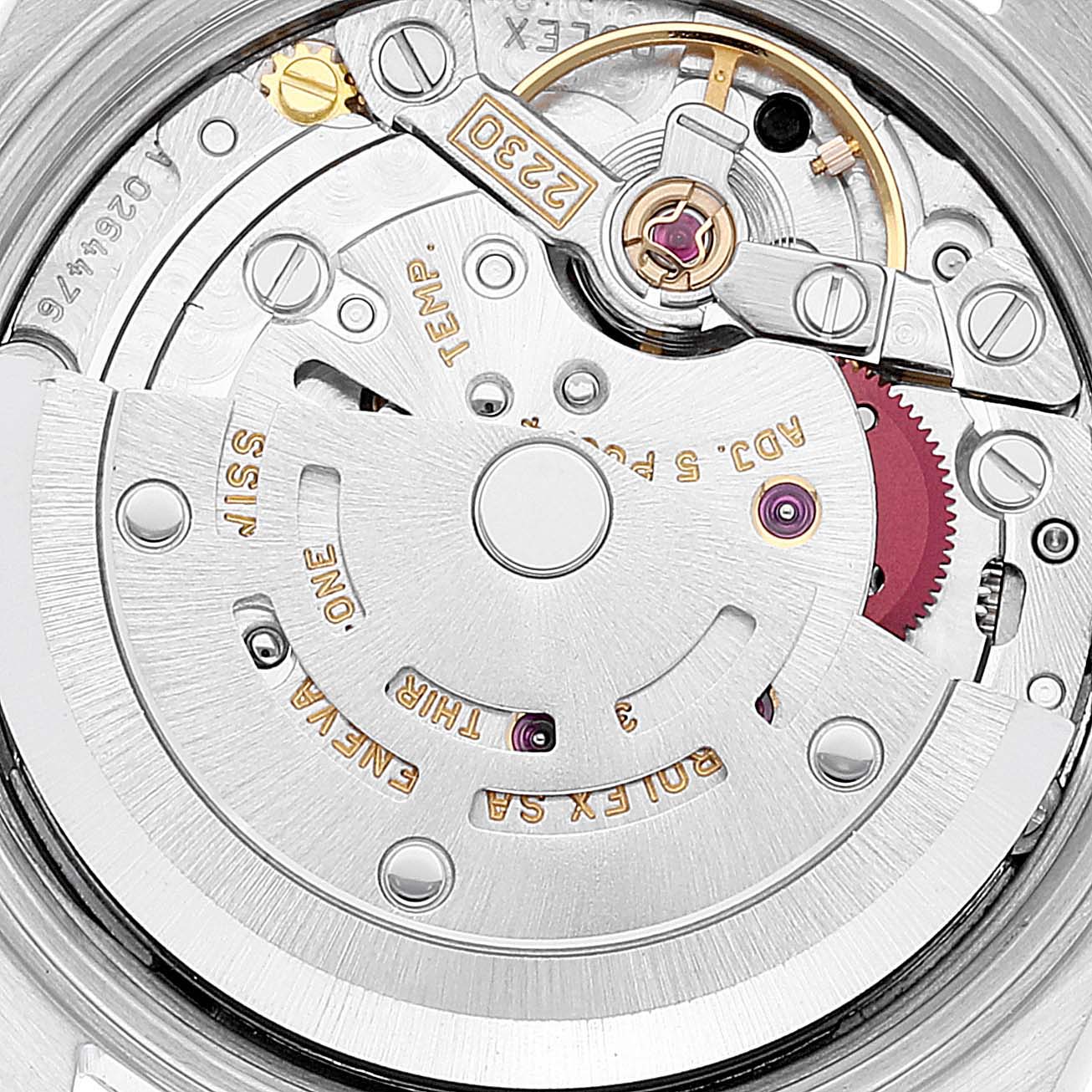The image shows a close-up, top-down view of the movement mechanism of a Rolex Oyster Perpetual 76080 Women's Stainless Steel Black Dial 76080 Women's Stainless Steel Black Dial watch.