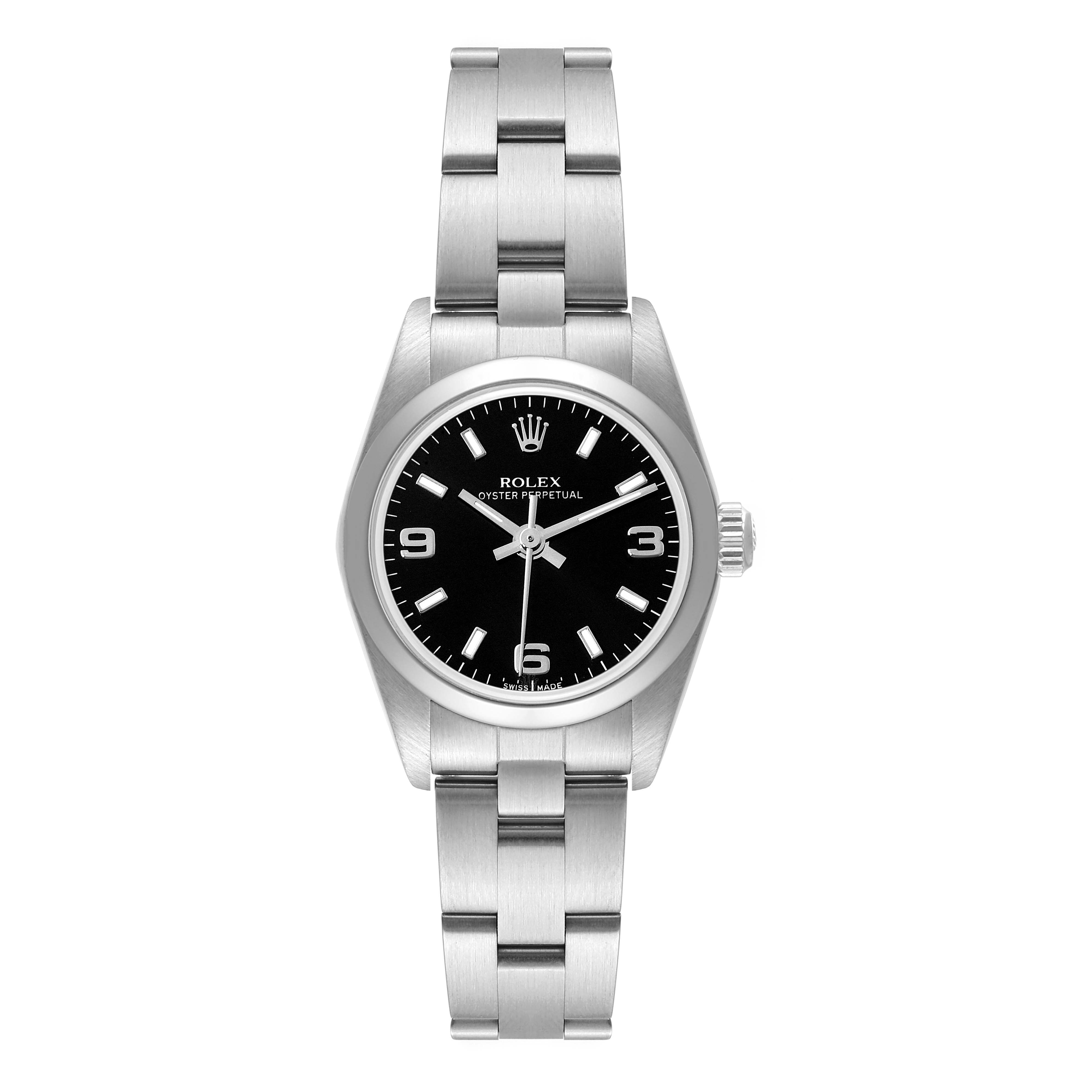 The image shows a frontal view of a Rolex Oyster Perpetual 76080 Women's Stainless Steel Black Dial 76080 Women's Stainless Steel Black Dial watch, displaying the watch face, bezel, and bracelet.