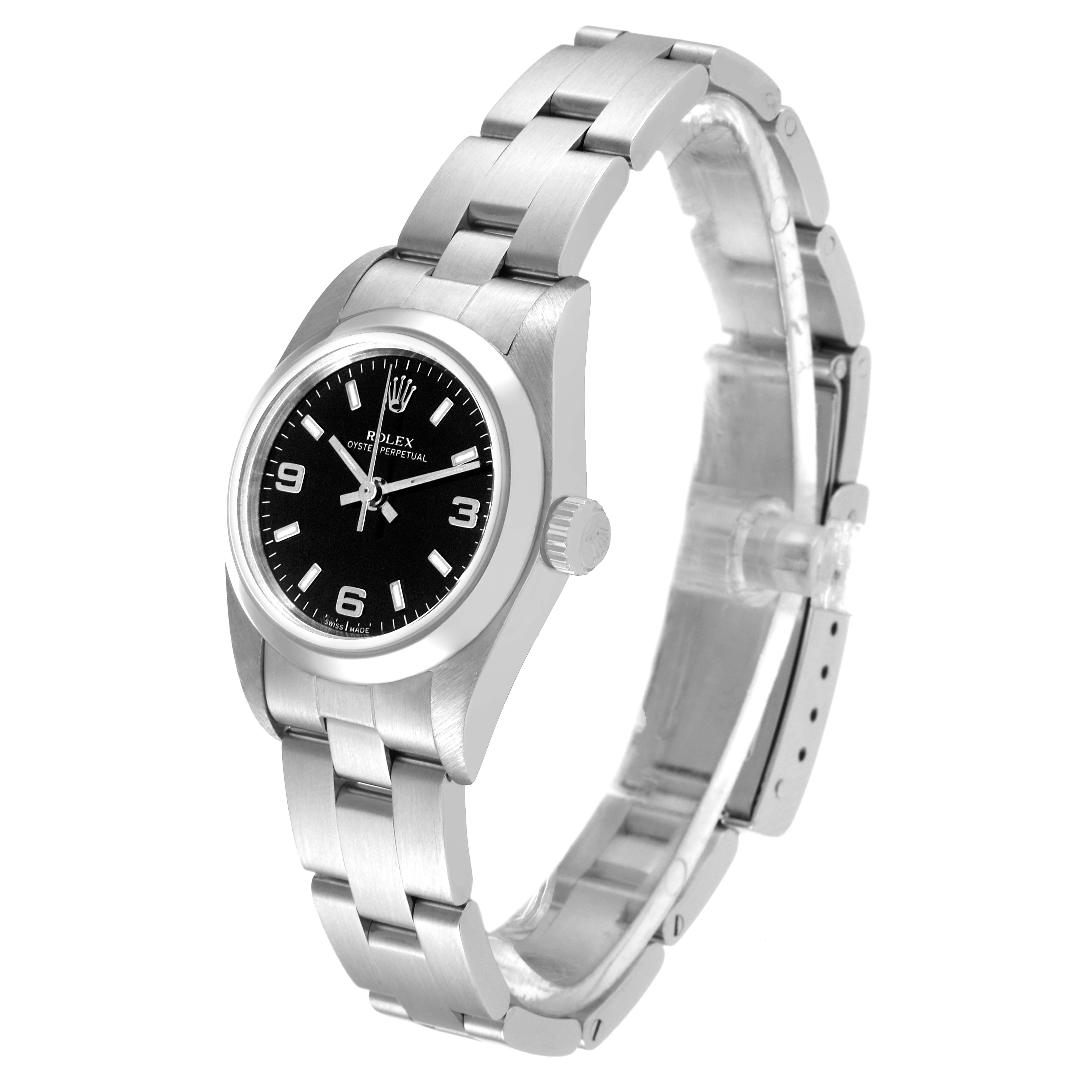 The image shows a side angle of the Rolex Oyster Perpetual 76080 Women's Stainless Steel Black Dial 76080 Women's Stainless Steel Black Dial watch, highlighting its black dial, bezel, and metal bracelet.