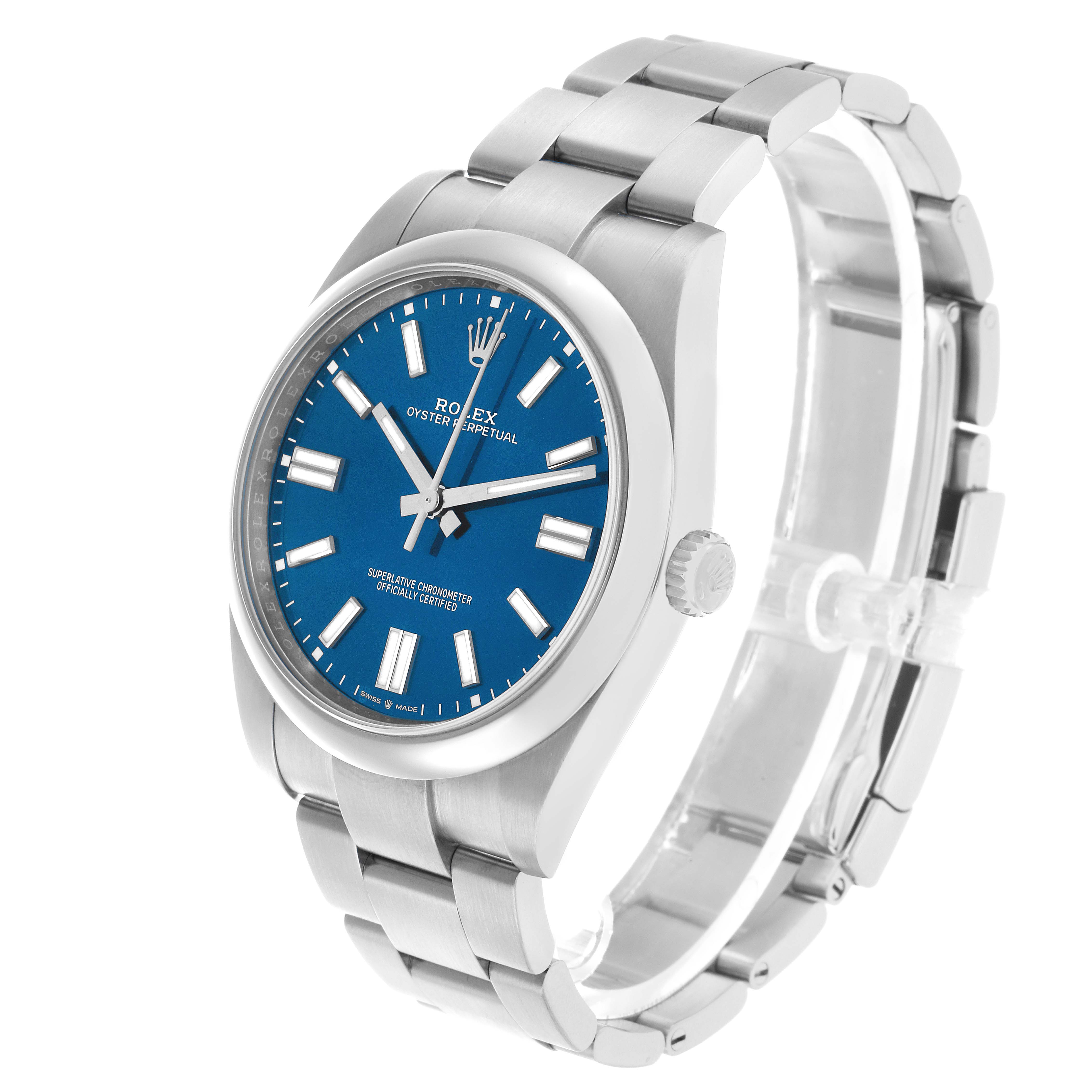 The Rolex Oyster Perpetual 124300 Men's Stainless Steel Blue Dial watch is shown at a three-quarter angle, highlighting the blue dial, bezel, crown, and bracelet.