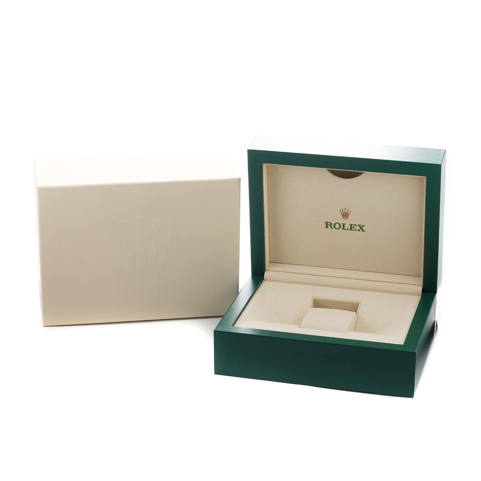 The image shows a Rolex Oyster Perpetual 124300 Men's Stainless Steel Blue Dial watch box with an open lid, displaying its inner compartment.