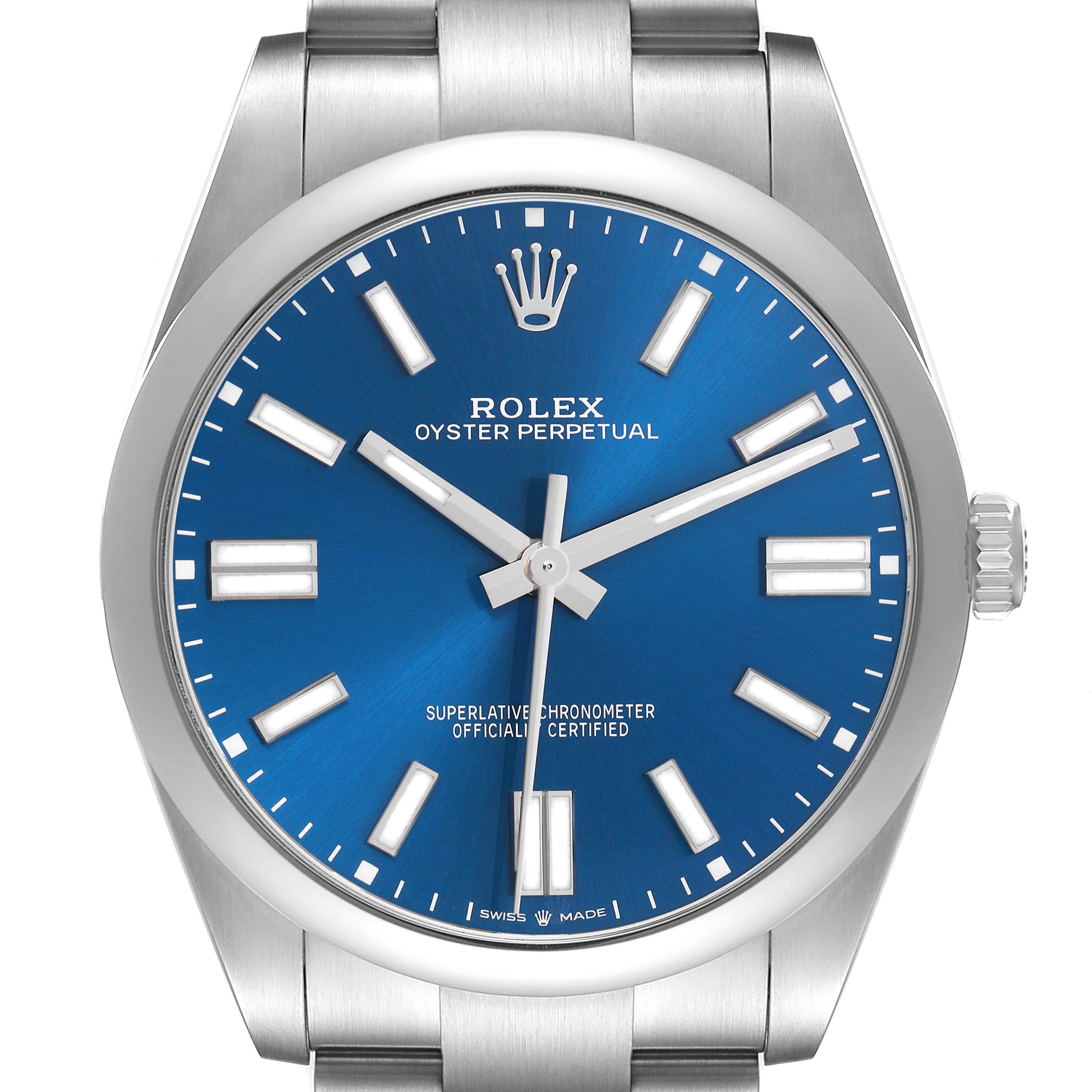 The Rolex Oyster Perpetual 124300 Men's Stainless Steel Blue Dial watch is shown from a front view, highlighting the blue dial and stainless steel case.
