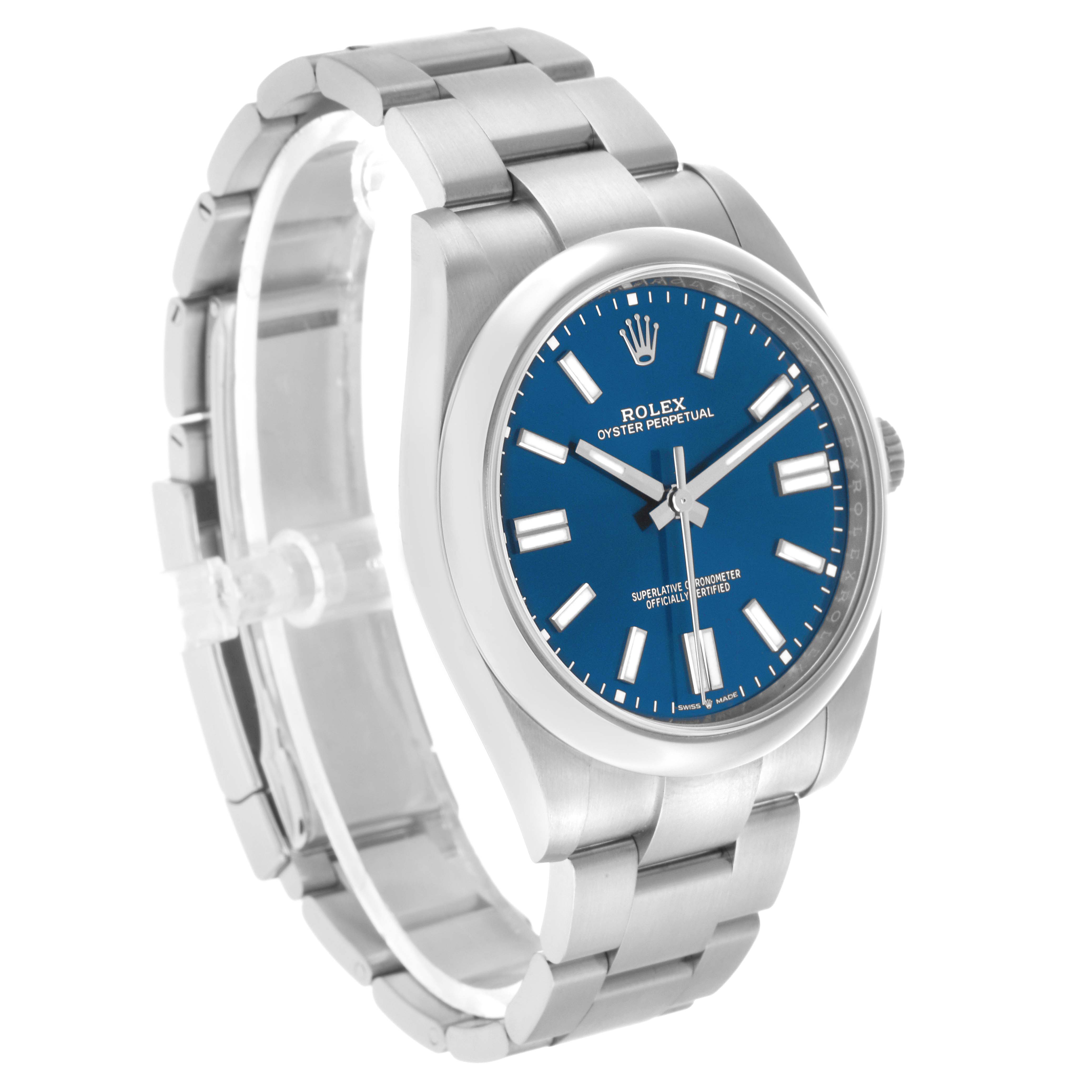 The Rolex Oyster Perpetual 124300 Men's Stainless Steel Blue Dial watch is shown at a slight angle, highlighting the blue dial, case, and bracelet.
