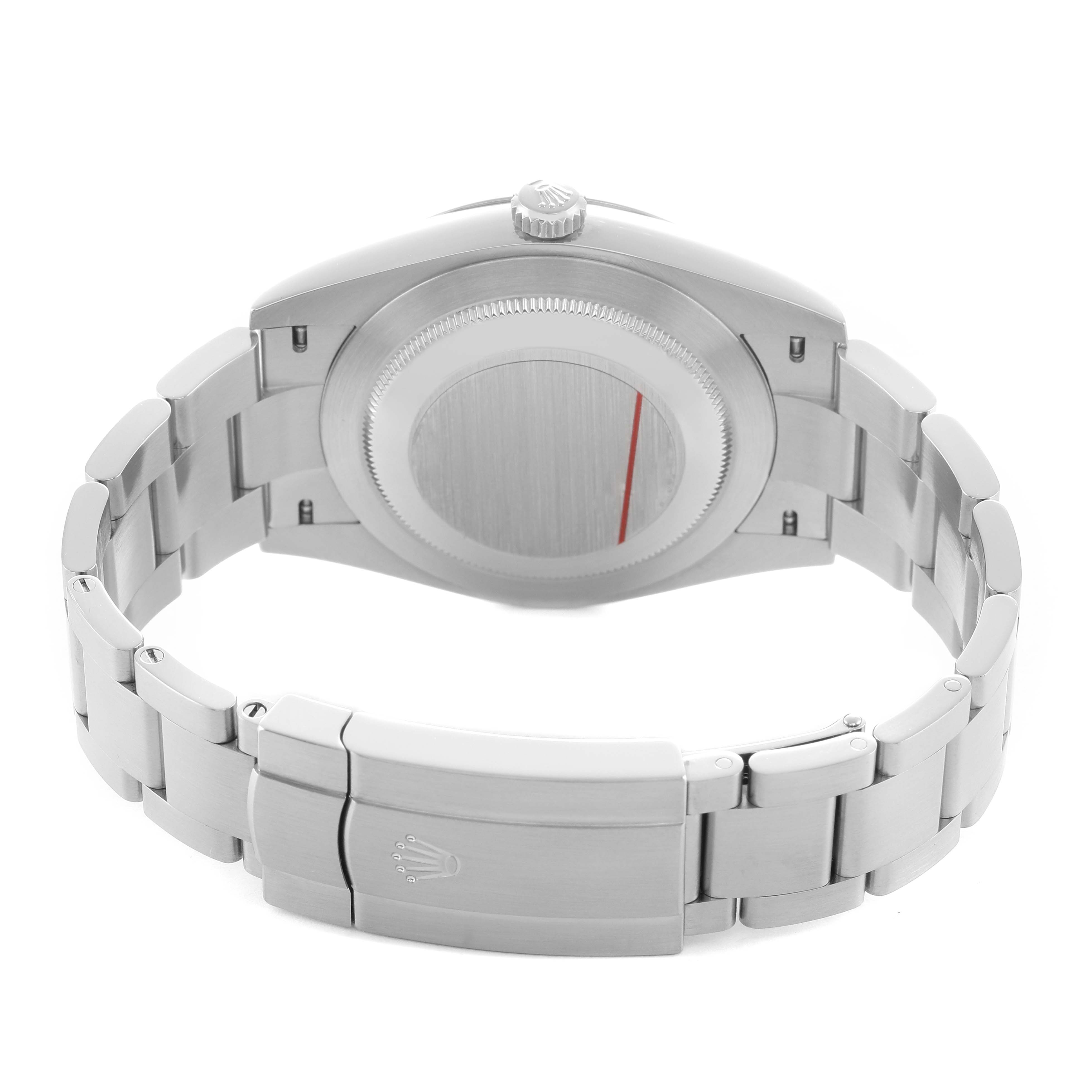 The image shows the back view of a Rolex Oyster Perpetual 124300 Men's Stainless Steel Blue Dial, displaying the case back and bracelet.