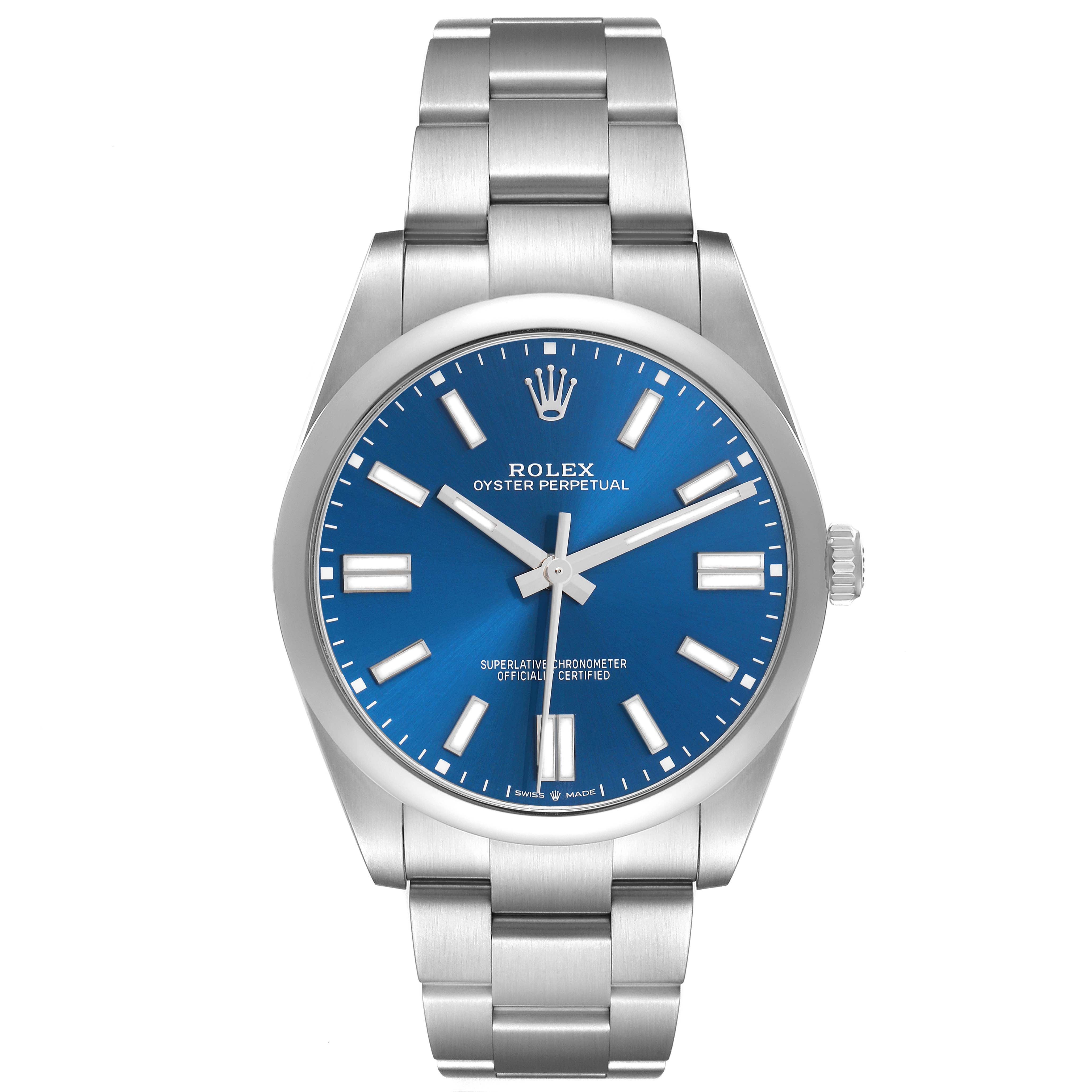 The Rolex Oyster Perpetual 124300 Men's Stainless Steel Blue Dial watch is shown from a frontal angle, highlighting its blue dial, silver hands, and bracelet.