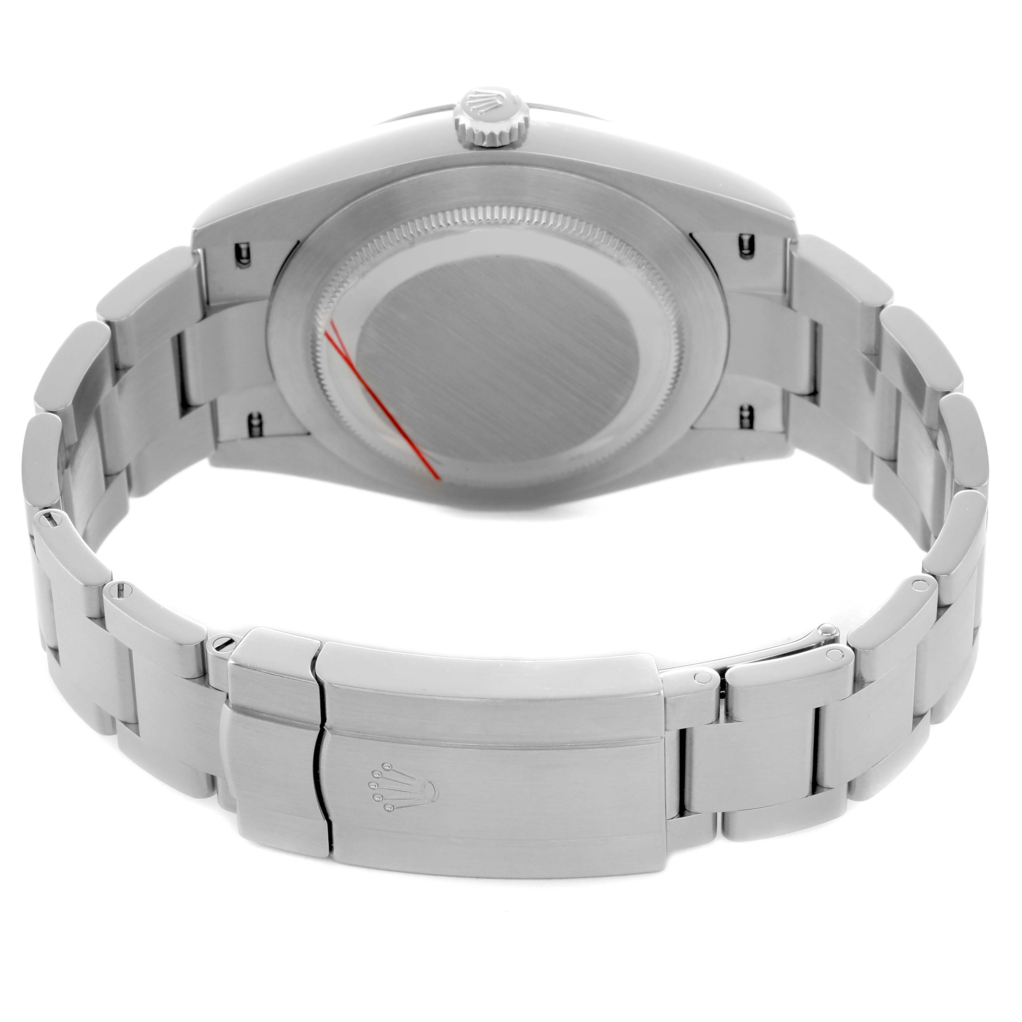 The image shows the back of the Rolex Oyster Perpetual 124300 Men's Stainless Steel Blue Dial watch, highlighting the case back, crown, and bracelet clasp.