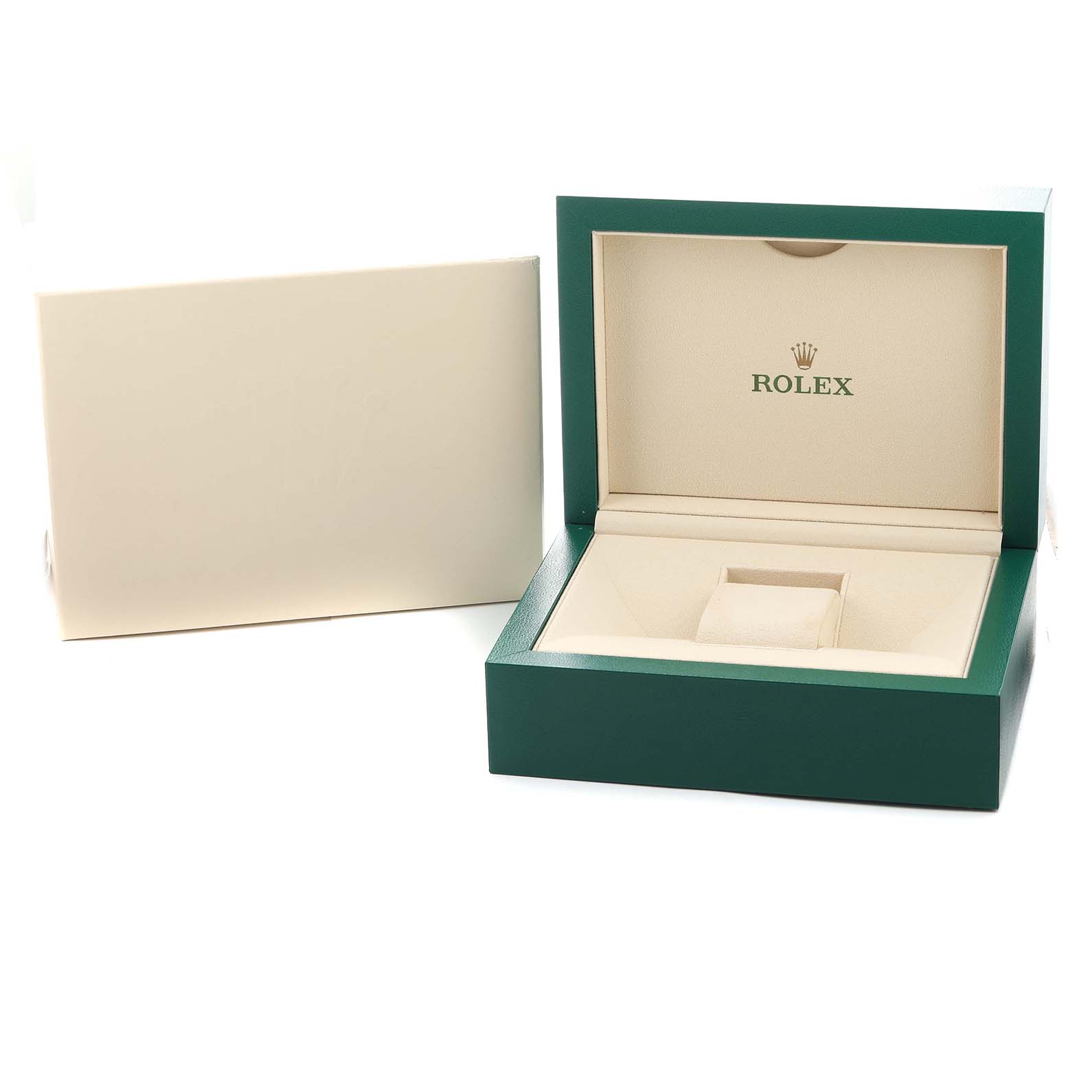 The image shows an open Rolex Oyster Perpetual 124300 Men's Stainless Steel Blue Dial box, revealing the interior and cushion, with a closed outer sleeve beside it.