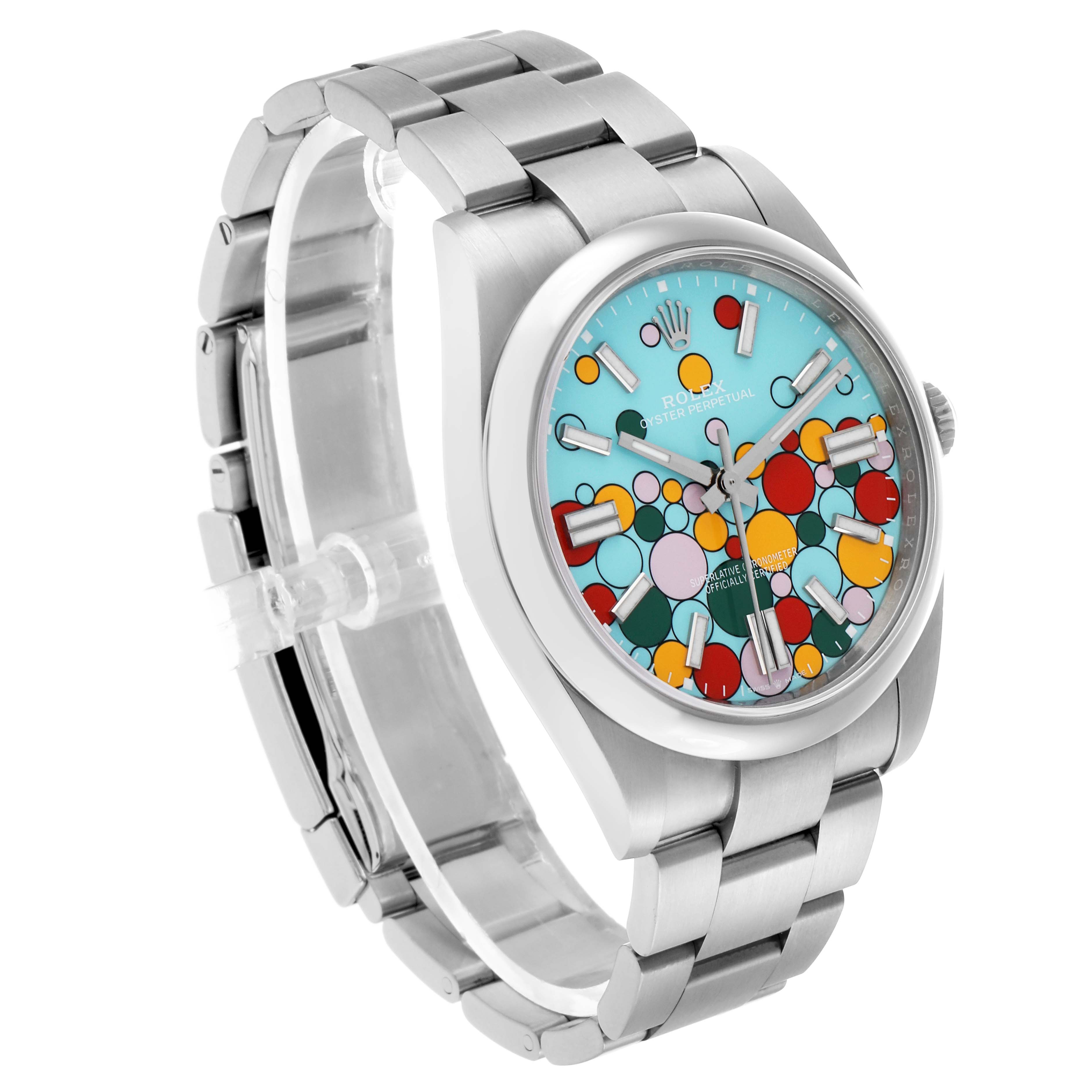 The Rolex Oyster Perpetual 124300 Men's Stainless Steel Blue Dial watch is shown at a three-quarter angle, highlighting its multicolored dial, stainless steel case, and bracelet.