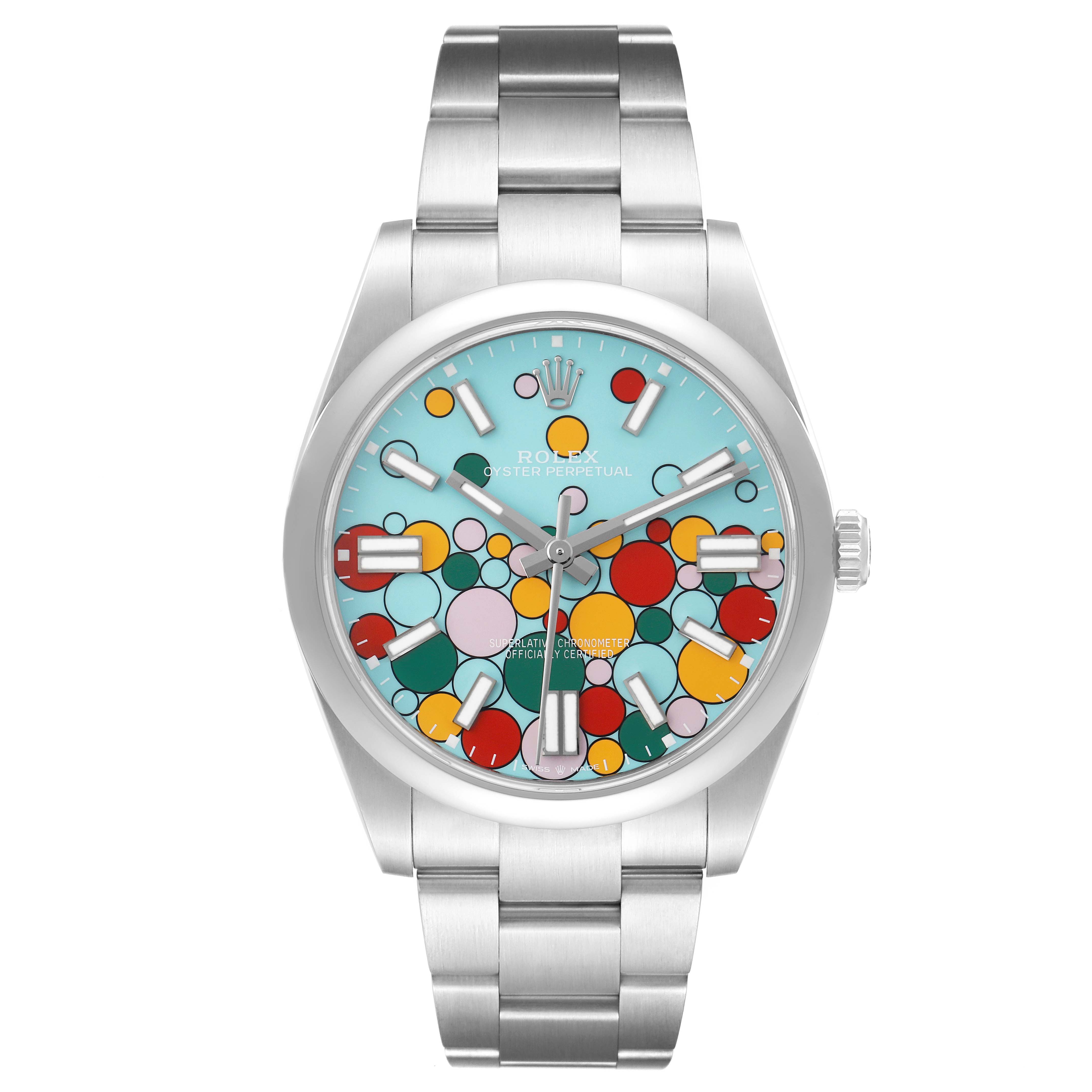 The Rolex Oyster Perpetual 124300 Men's Stainless Steel Blue Dial watch is shown from a front angle, displaying the colorful dial, bezel, and bracelet.