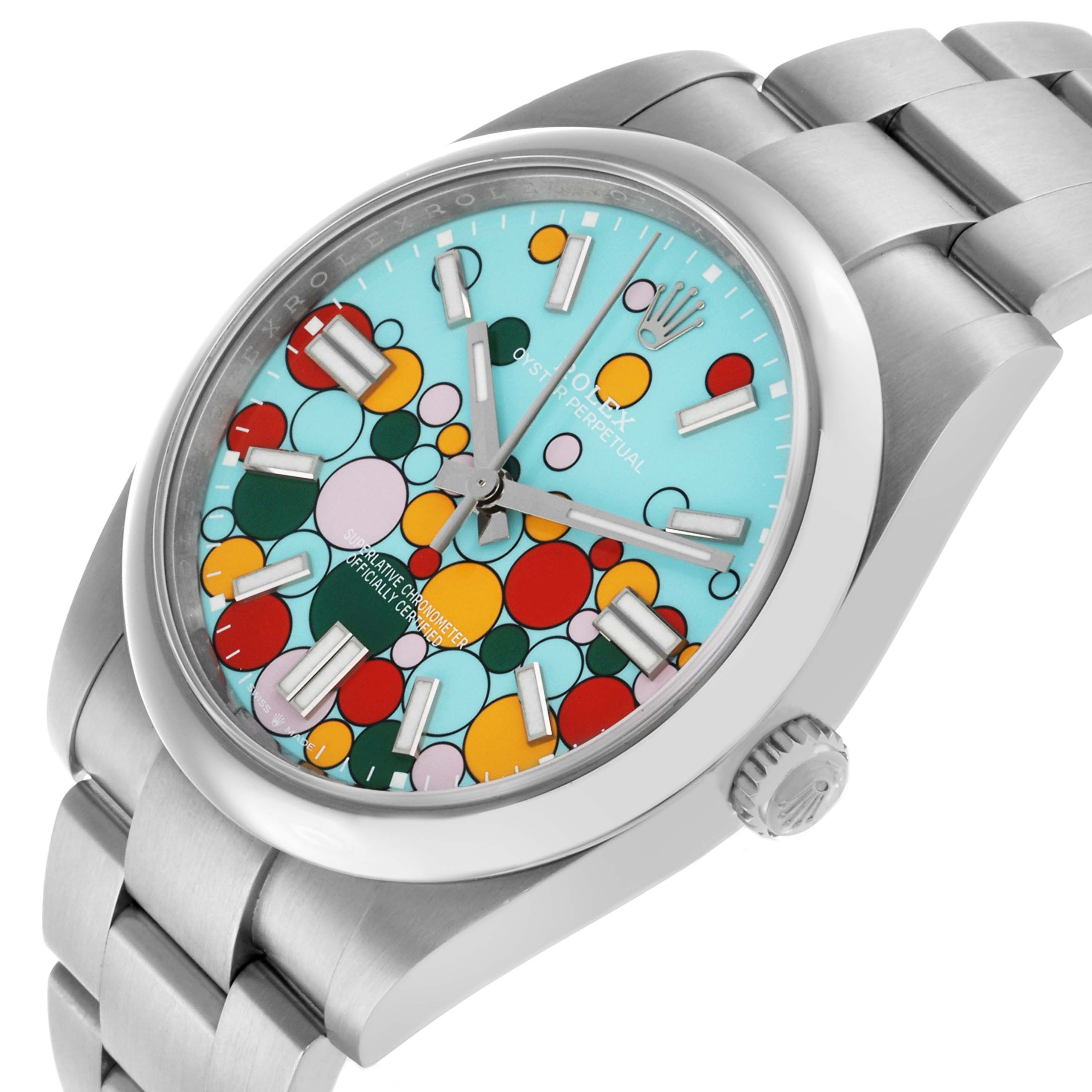 The Rolex Oyster Perpetual 124300 Men's Stainless Steel Blue Dial watch is shown at a three-quarter angle, highlighting its colorful dial, bezel, and part of the bracelet.