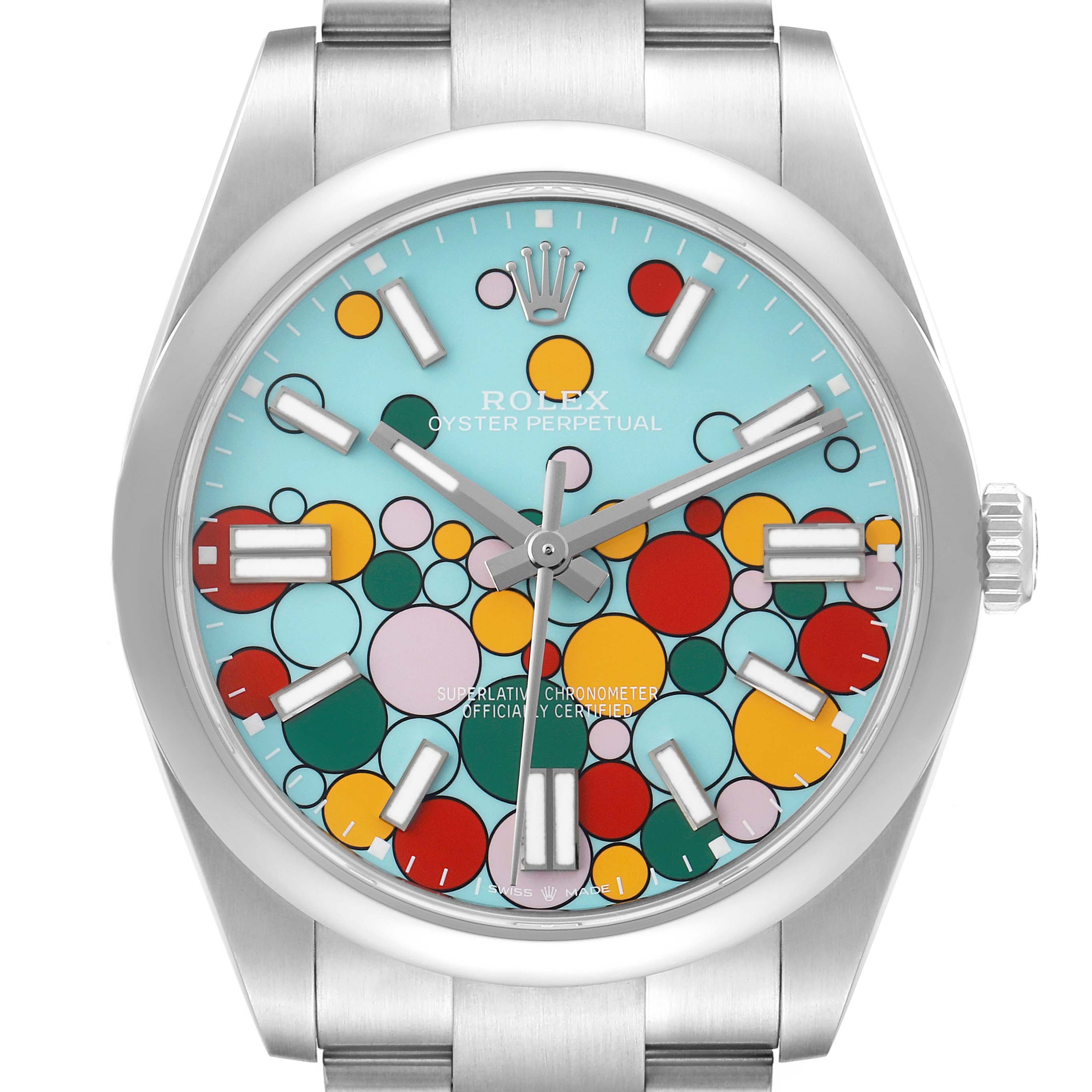 The Rolex Oyster Perpetual 124300 Men's Stainless Steel Blue Dial watch is shown from the front, highlighting its colorful dial and stainless steel bracelet.