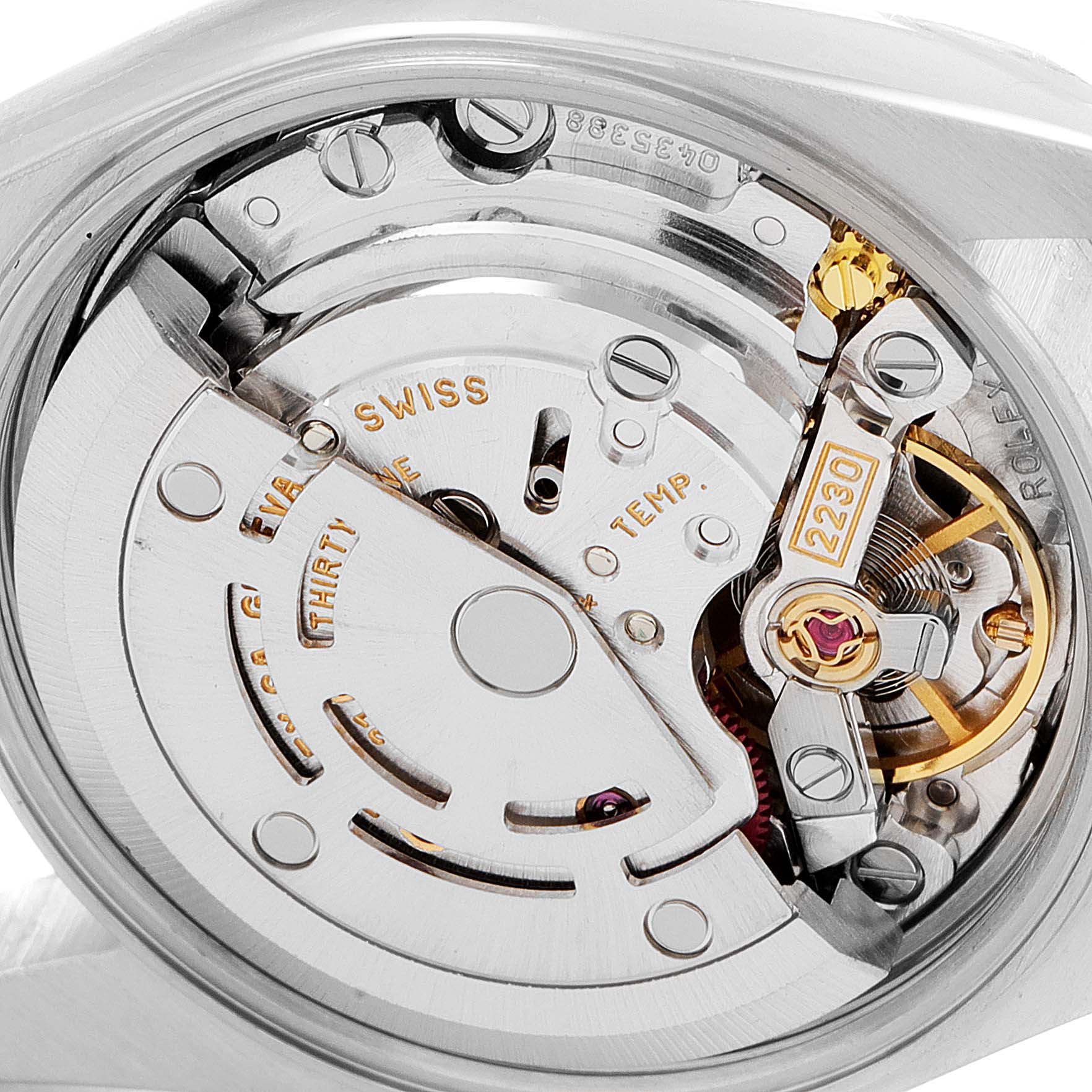 The image shows a close-up view of the movement mechanism of a Rolex Oyster Perpetual 76030 Women
s Stainless Steel Blue Dial 76030 Women
s Stainless Steel Blue Dial watch.