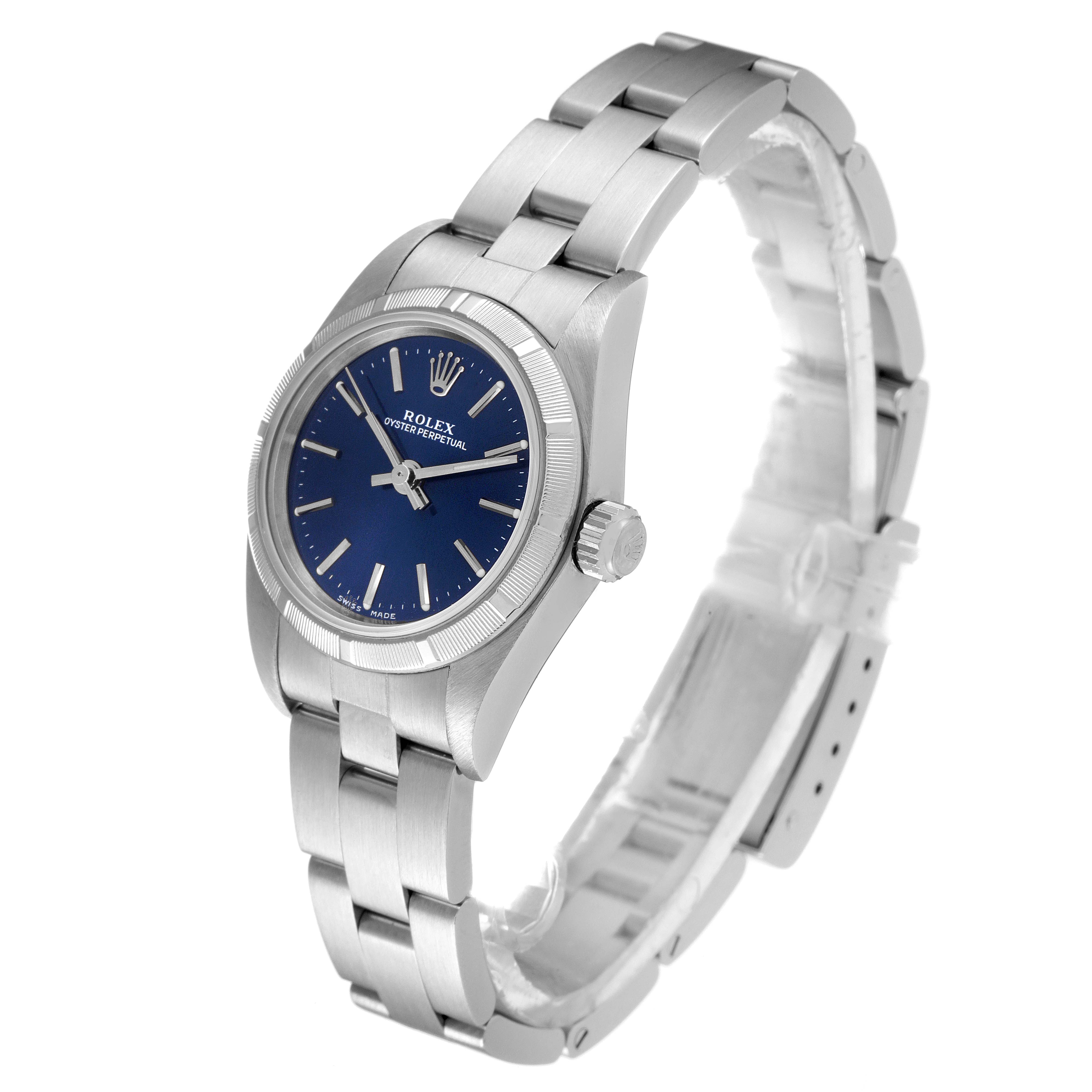 This image shows a Rolex Oyster Perpetual 76030 Women
s Stainless Steel Blue Dial 76030 Women
s Stainless Steel Blue Dial watch at an angled view, highlighting the face, bezel, crown, and bracelet.
